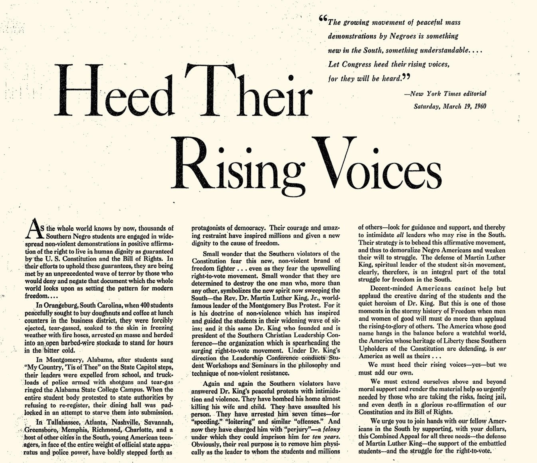 Detail of an advertisement from 1960 that reads Heed Their Rising Voices