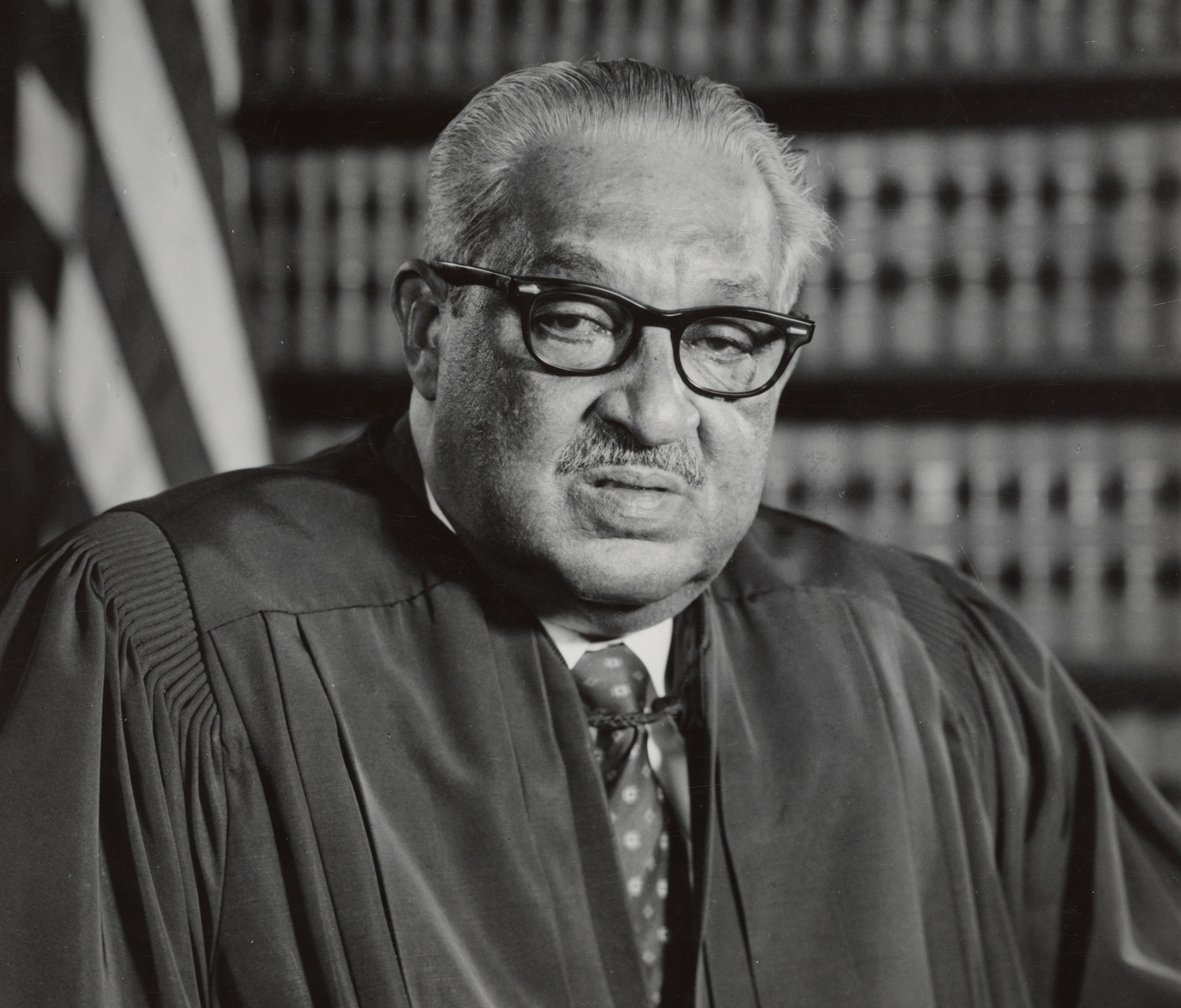 Black and white photo of Thurgood Marshall in his Supreme Court Justice robe