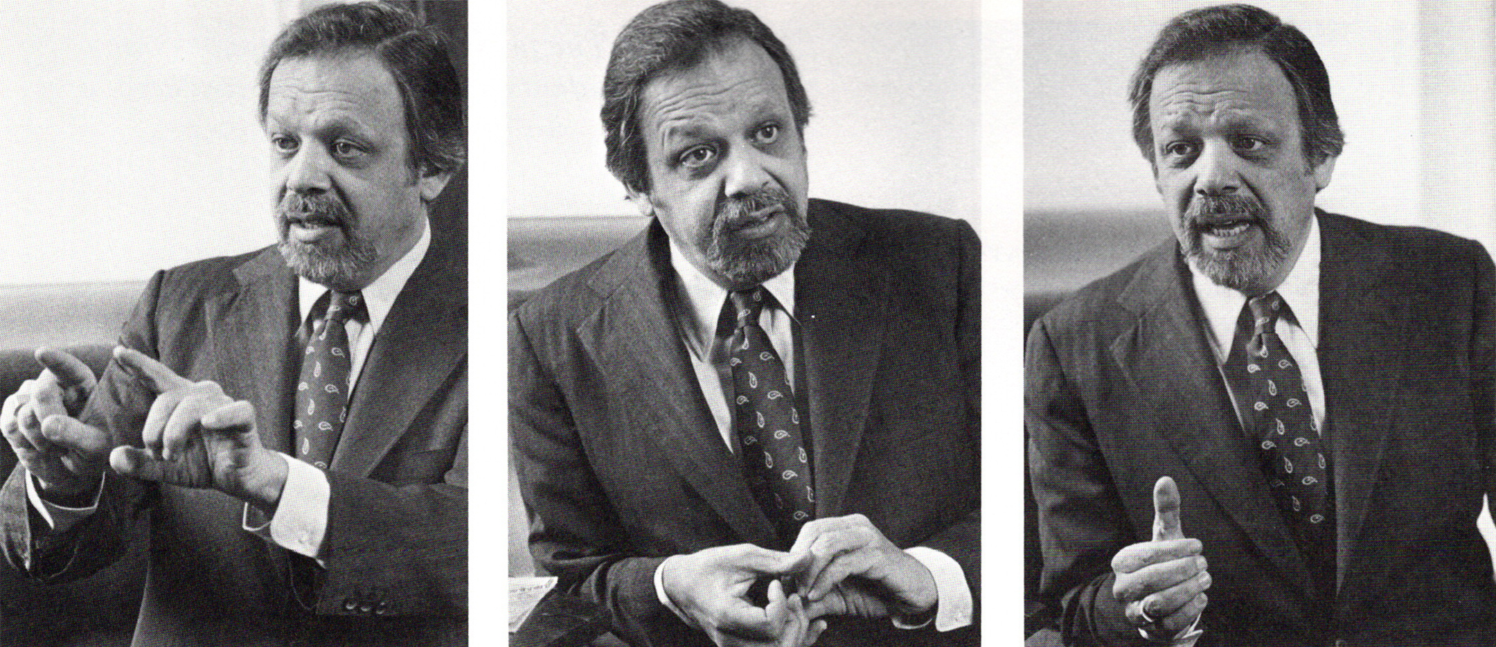 Three black and white photos of A. Bartlett Giamatti in a row showing him in various stages of conversation