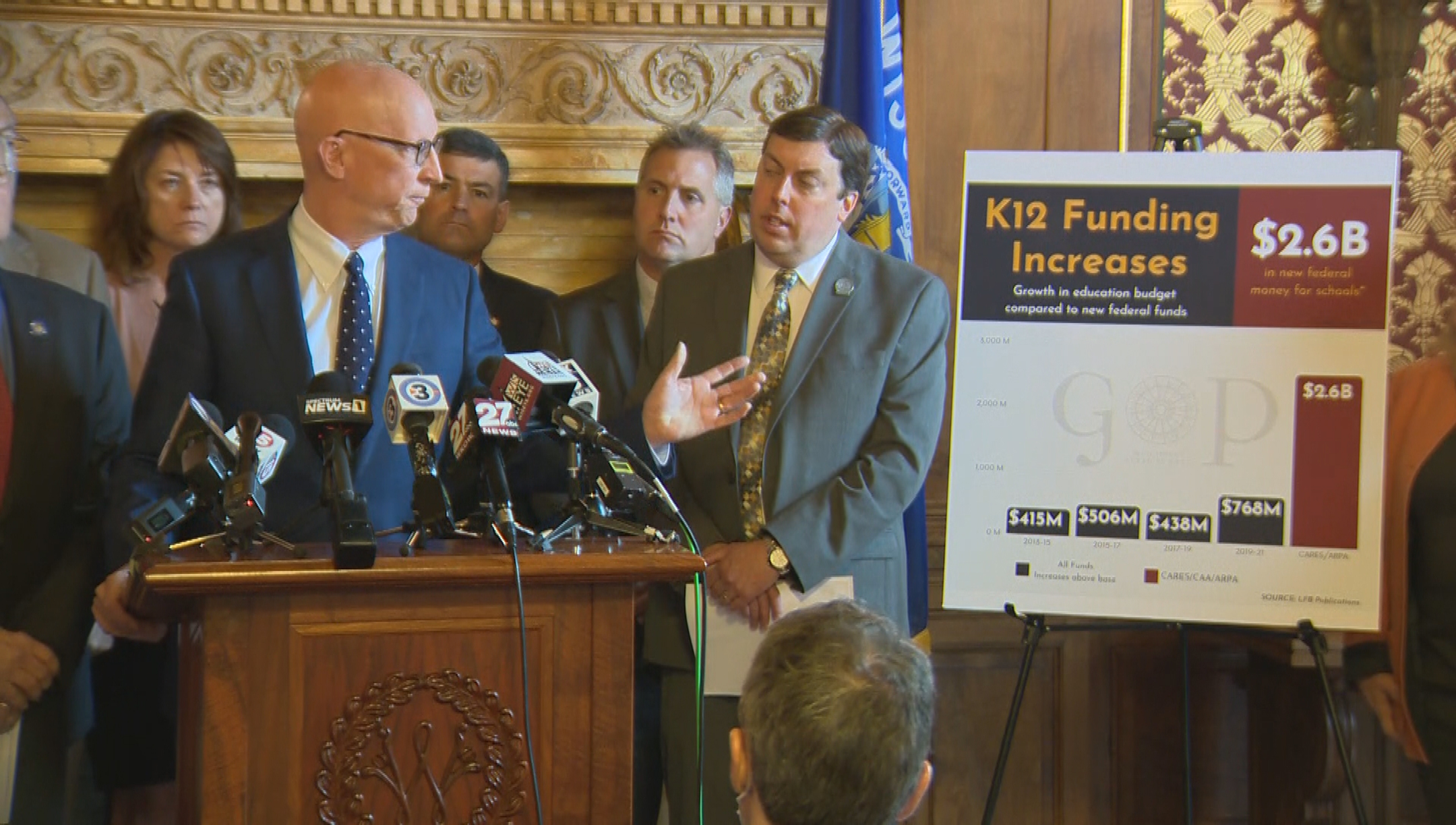 Bald man stands at a podium with six people behind him as he gestures at a poster of a graph titled K12 Funding Increases