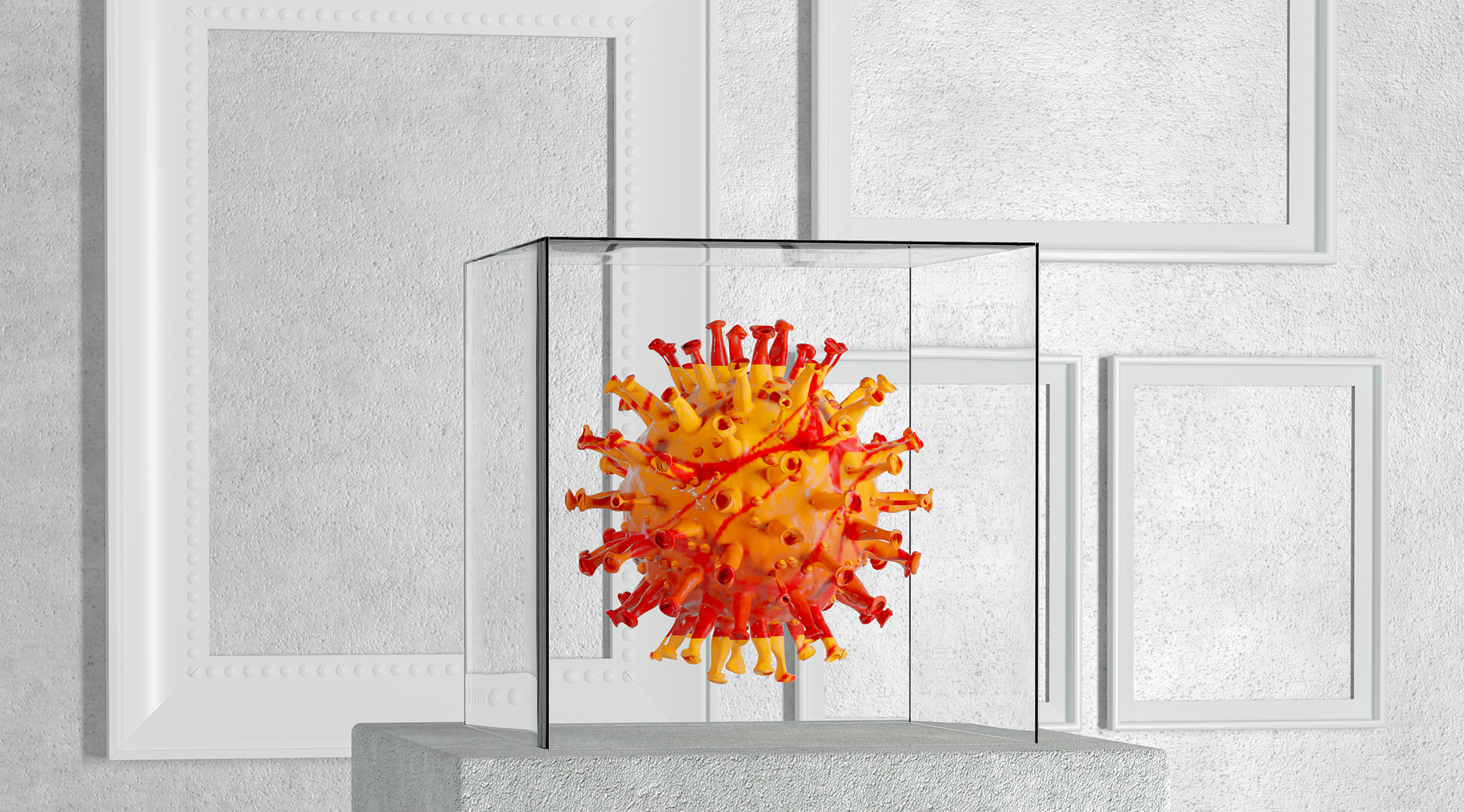 Coronavirus COVID-19 Cell over Pedestal, Stage, Podium or Column with Glass Showcase Cube in Art Gallery or Museum on a white background. 3d Rendering
