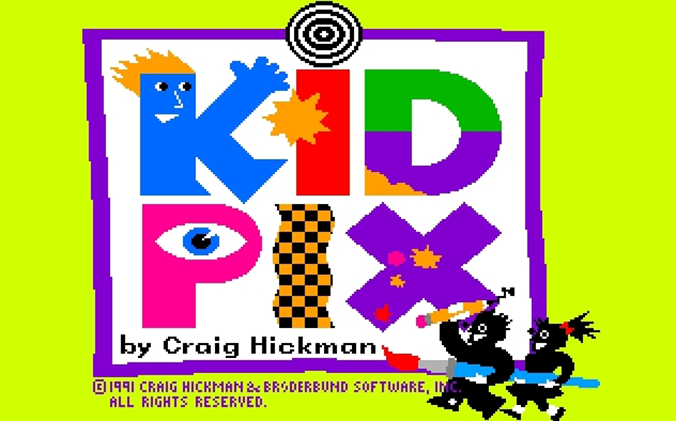 Home screen of kid pix, with the words in crazy letters on a lime green background