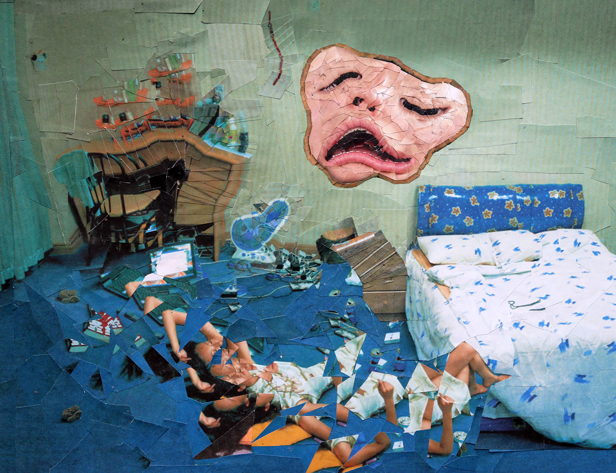 collage depicting a bedroom in disarray with a floating distorted face in the center-right of the image