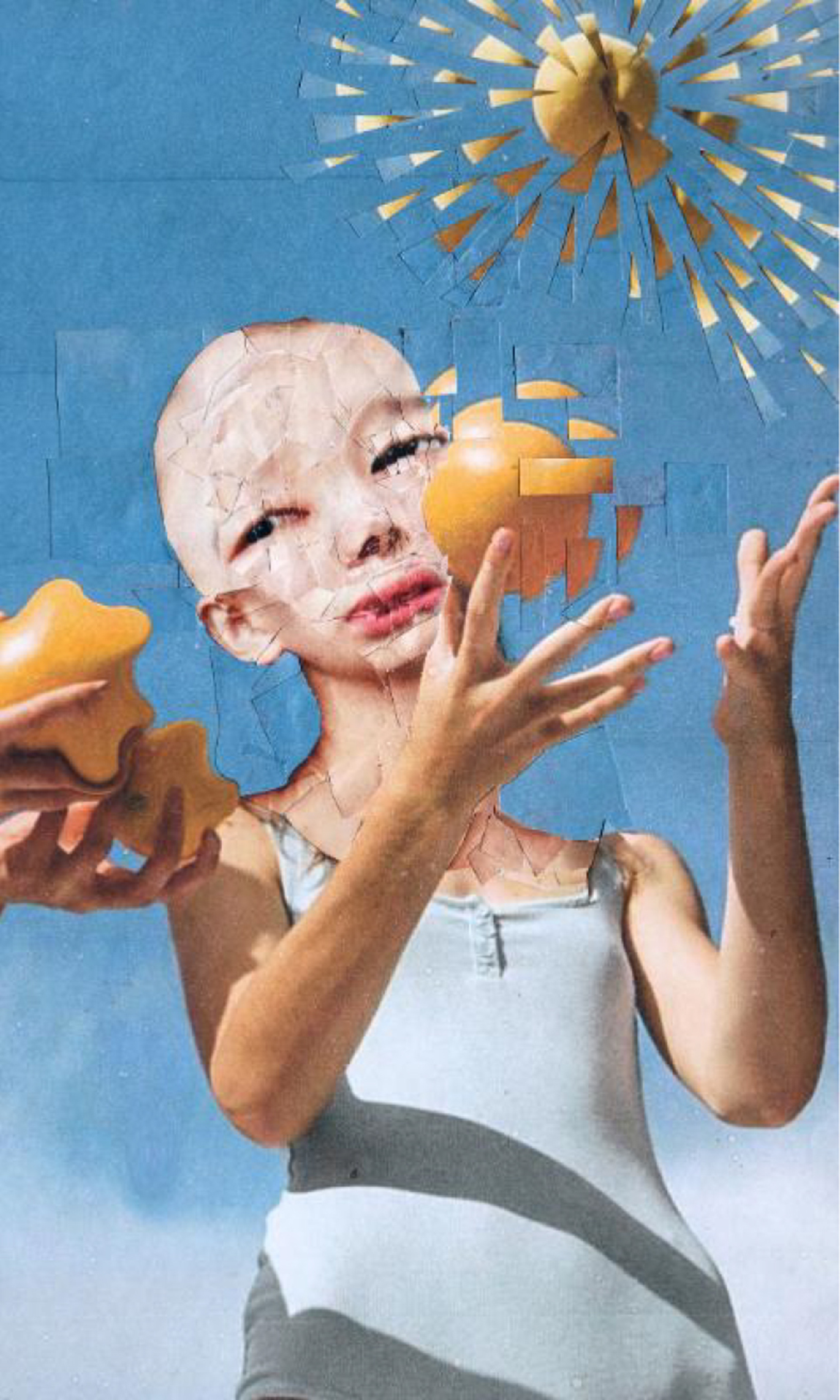 Collaged image of a woman with a distorted baby face throwing fragmented oranges in the air