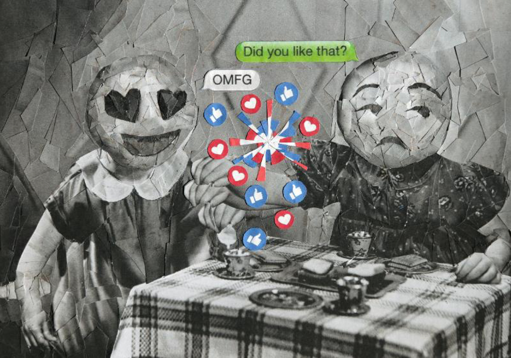 Black and white collage of two people sitting at a dining table, the one on the left has heart eye emoji face and says OMFG the one on the right has a side-eye emoji face and says Did you like that? With red hearts and blue and white thumbs up icons in the center