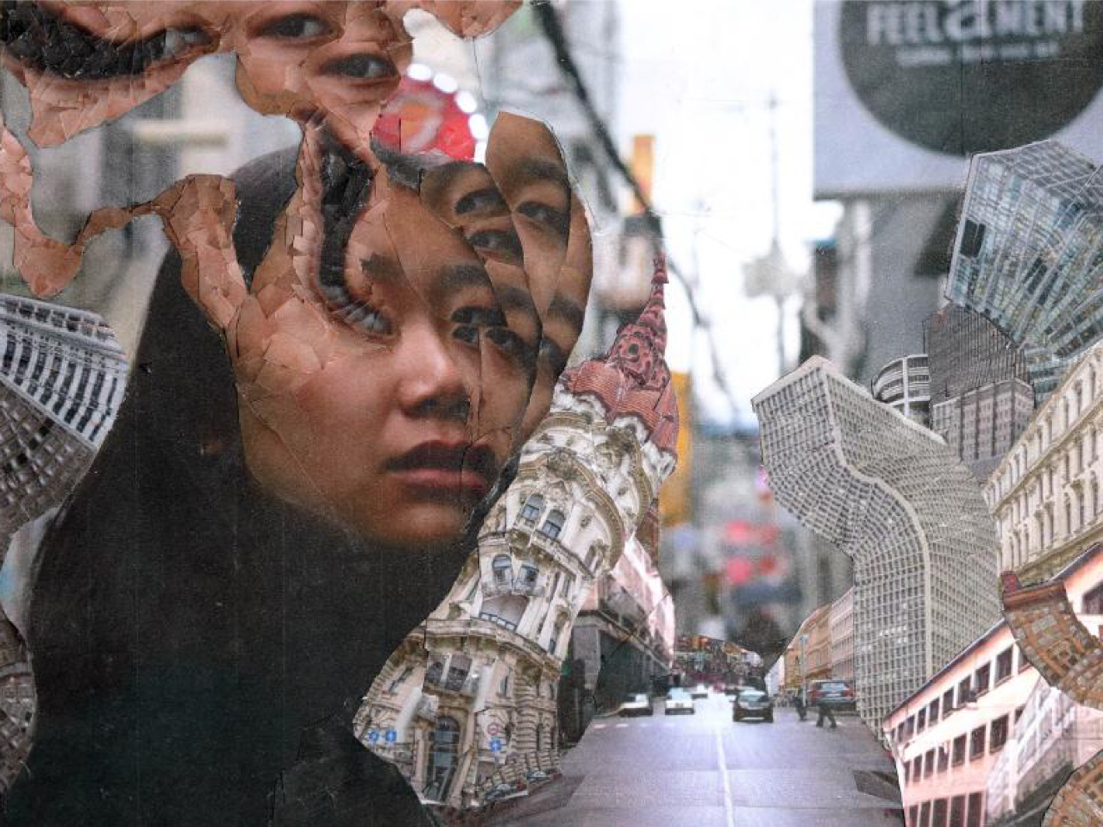 Collaged image of a young woman looking at the camera while standing on a city street