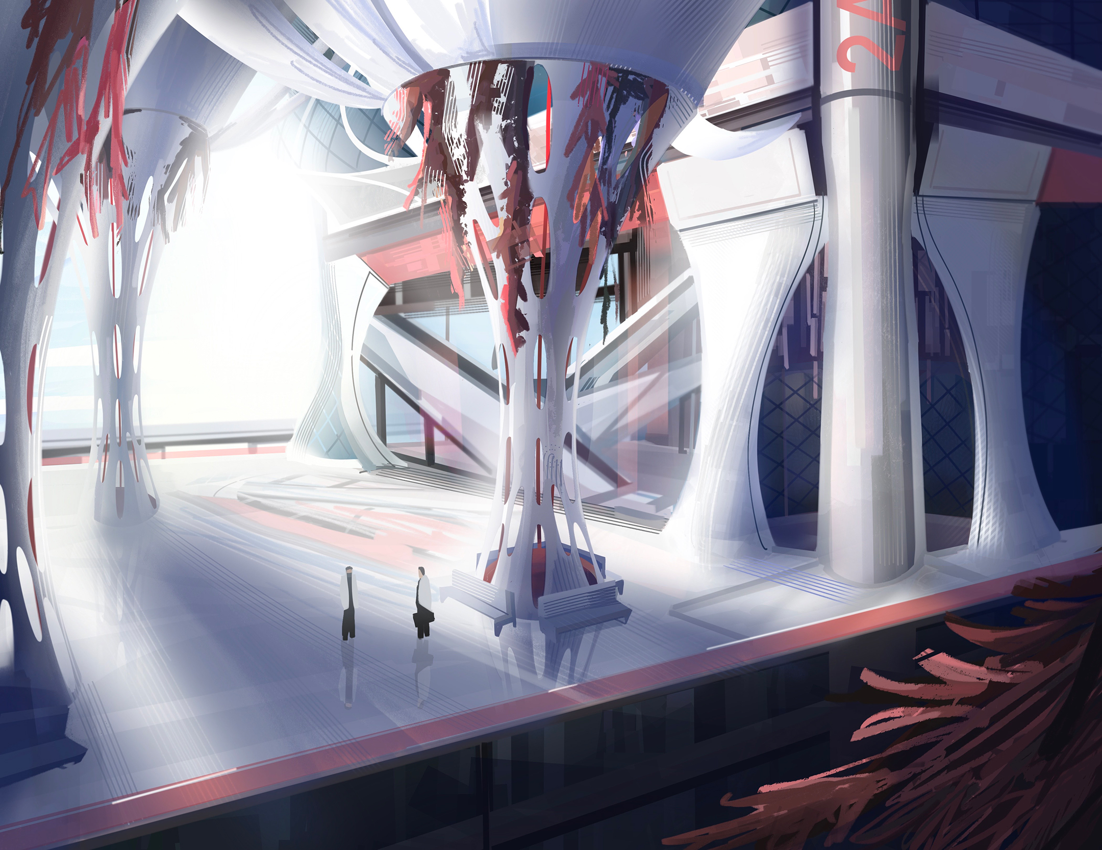 digital illustration depicting two men standing on a subway platform in a futuristic setting