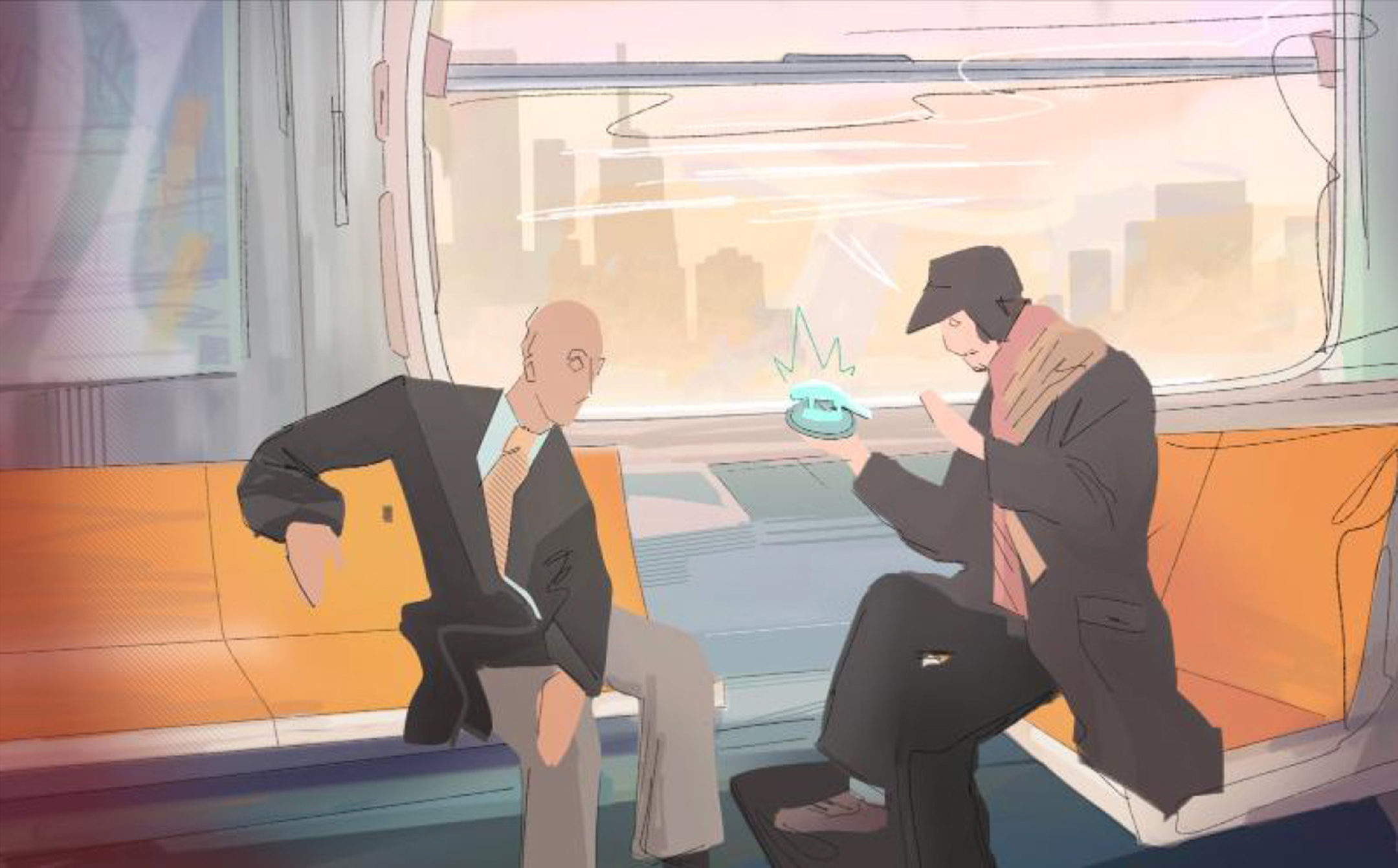 digital illustration depicting two men sitting on a subway looking at a handheld hologram held by the man on the right