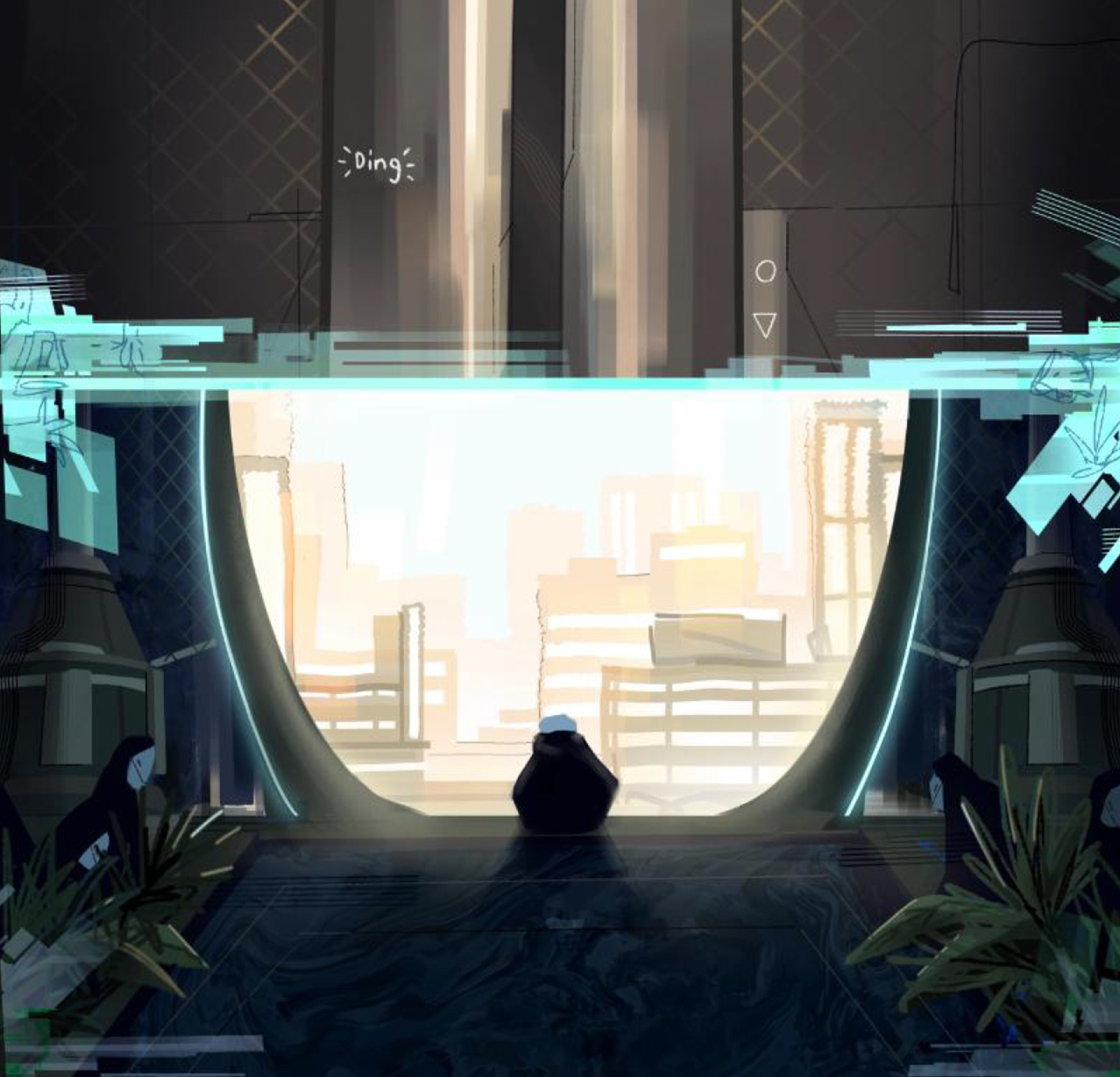 digital illustration depicting a man kneeling in front of a window in a futuristic apartment