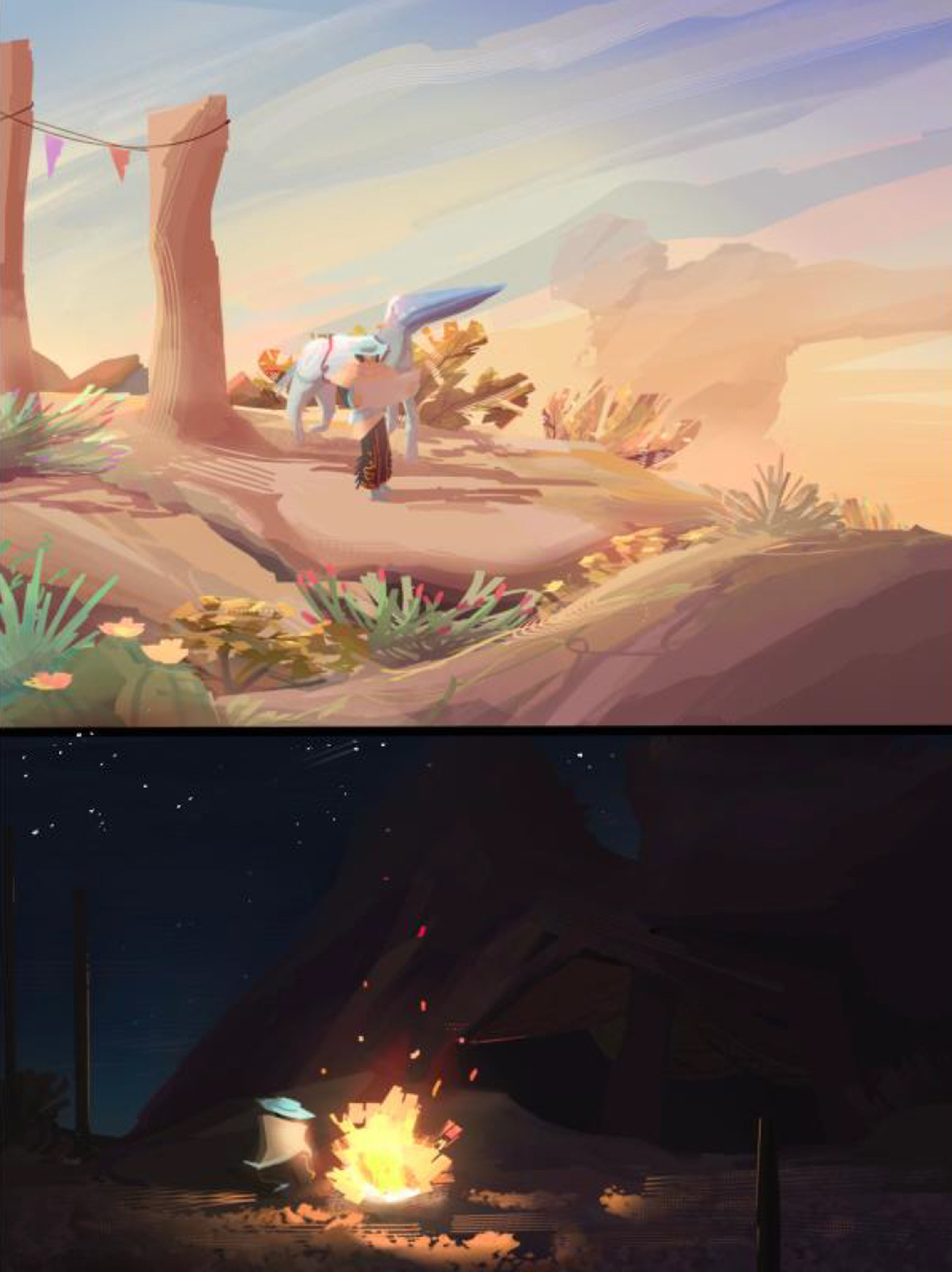 digital illustration depicting two scenes, on top a western desert and an encampment in the day, and at bottom a western desert at night with a campfire