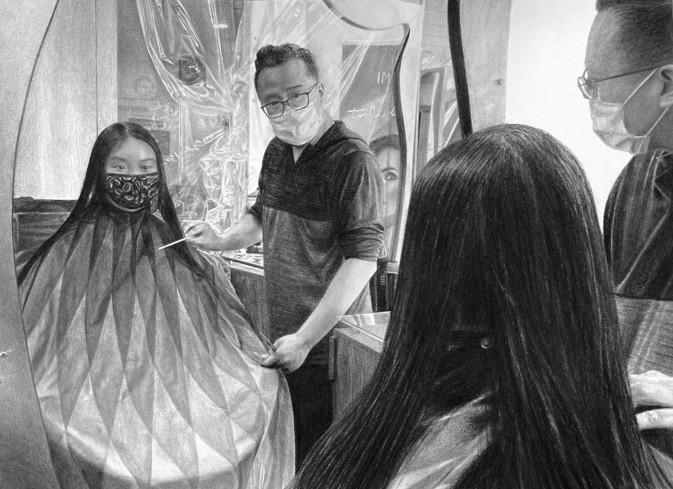 black and white illustration of a young woman sitting in a barber chair with the barber standing behind her, both wearing face masks and reflected in a mirror