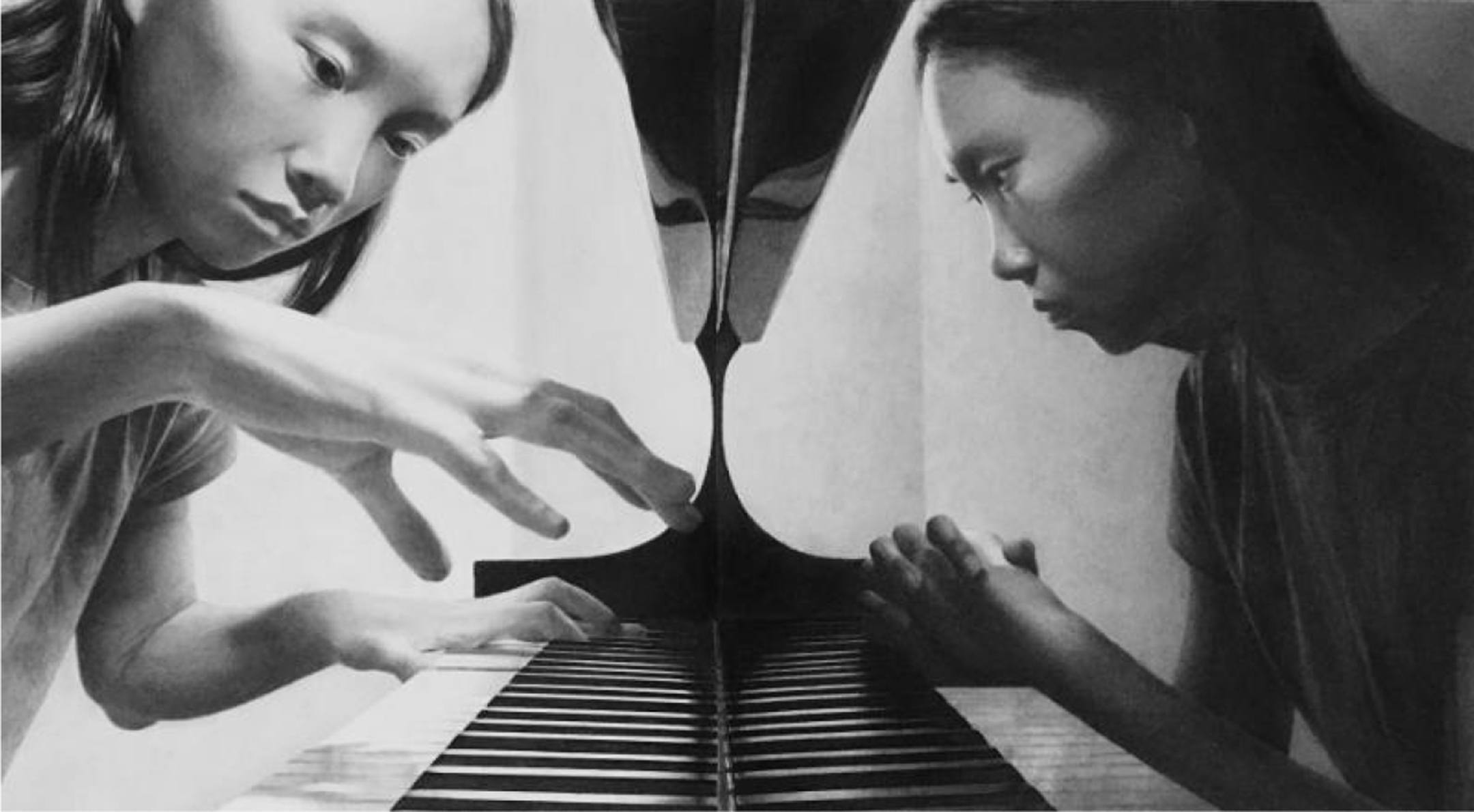 Black and white illustration of a young woman playing piano reflected in the piano's veneer
