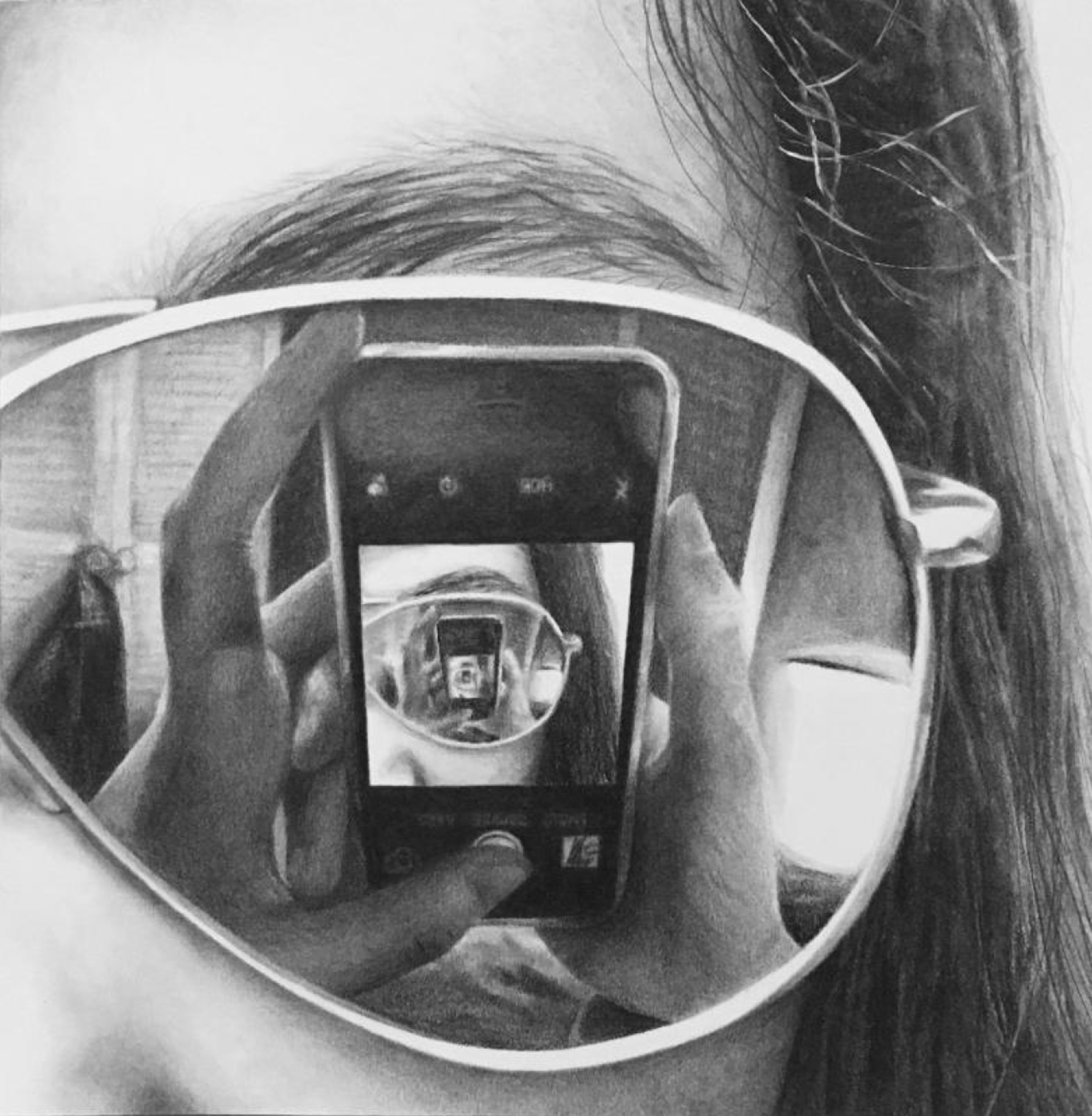 Black and white photo of a young woman's face, close up on her left eye covered by sunglasses, reflecting her phone