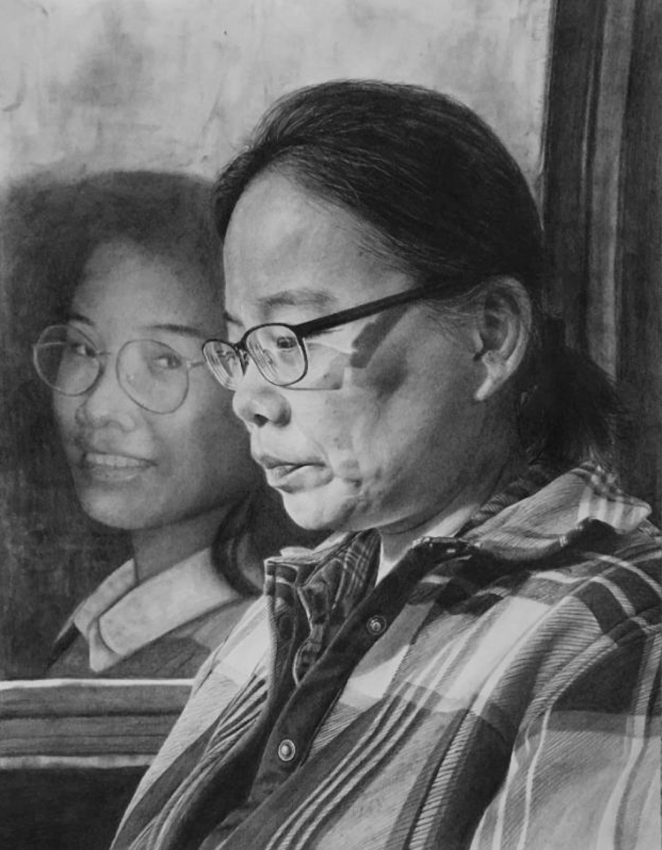 Black and white illustration of an older woman looking solemn with her smiling younger self reflected in a window next to her