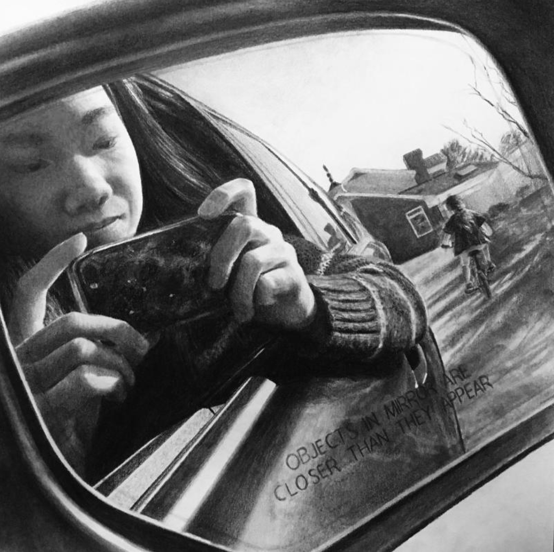 Black and white illustration of a young woman taking a photo with her phone in a car's rearview mirror