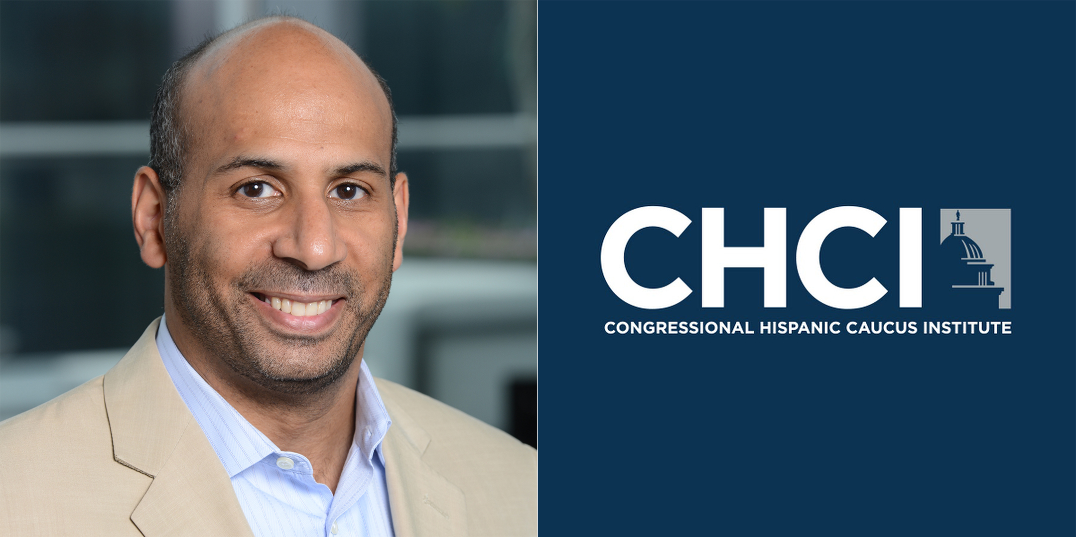 Photo of Marco Davis on the left next to the Congressional Hispanic Caucus Institute's logo rendered in white text on a blue background
