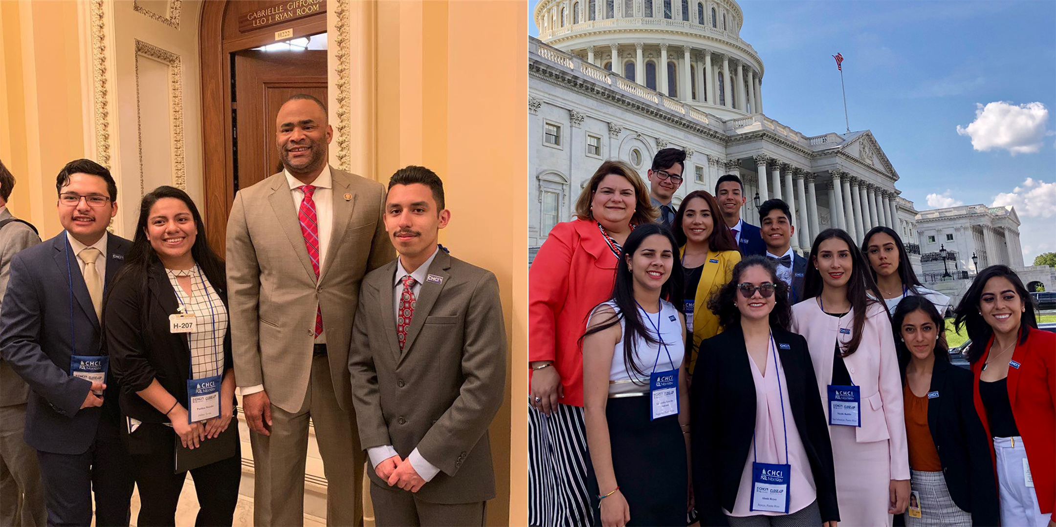 Two photos, side by side, of congresspeople meeting high school students at the U.S. Capitol
