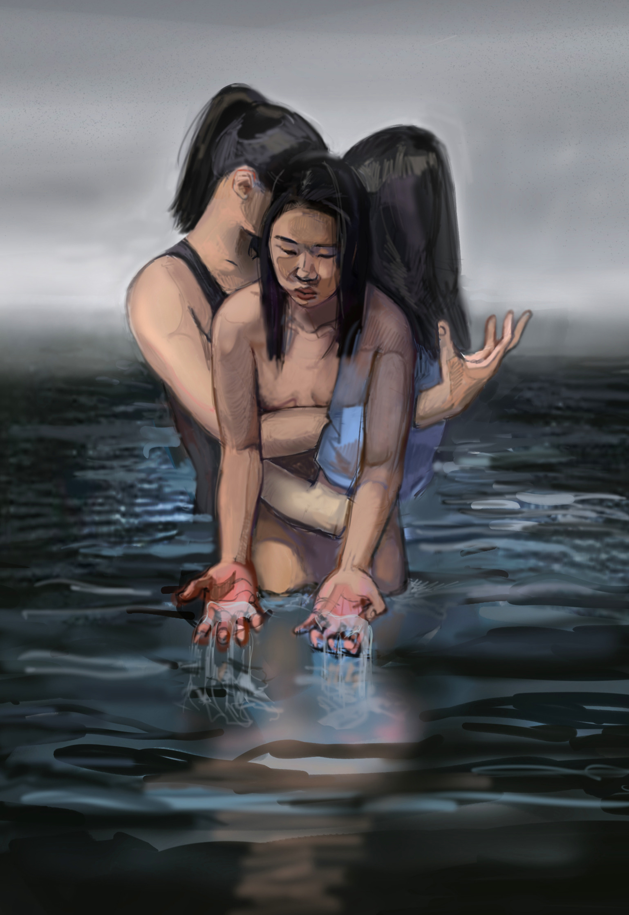 Illustration of three women together at the center of a body of water