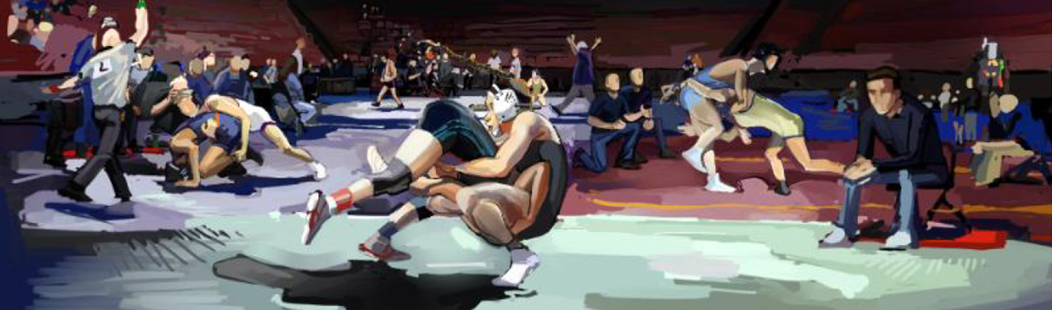 Illustration of a wrestling match with multiple bouts happening at once