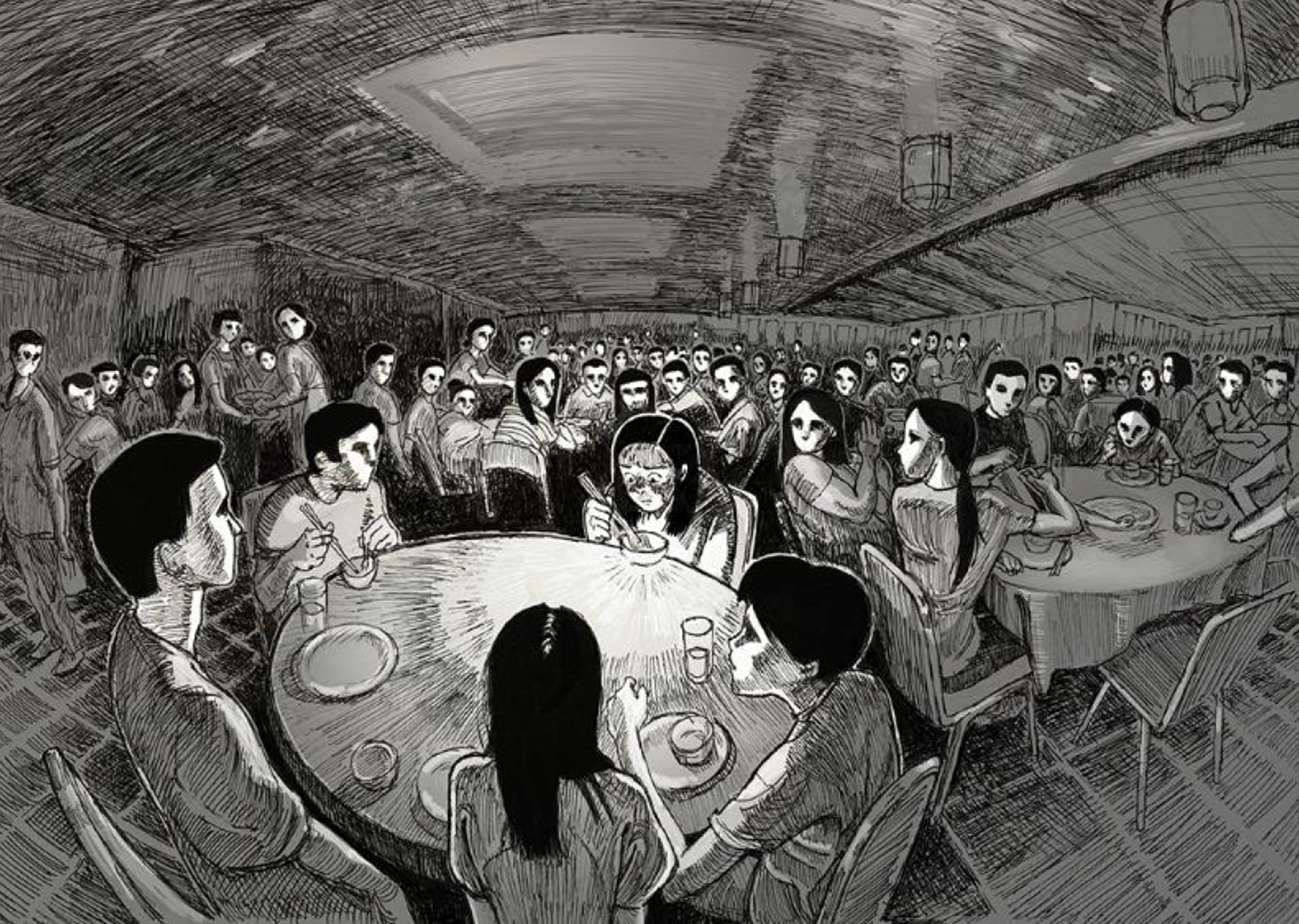 Black and white drawing of a large dinner party focused on one girl at a table