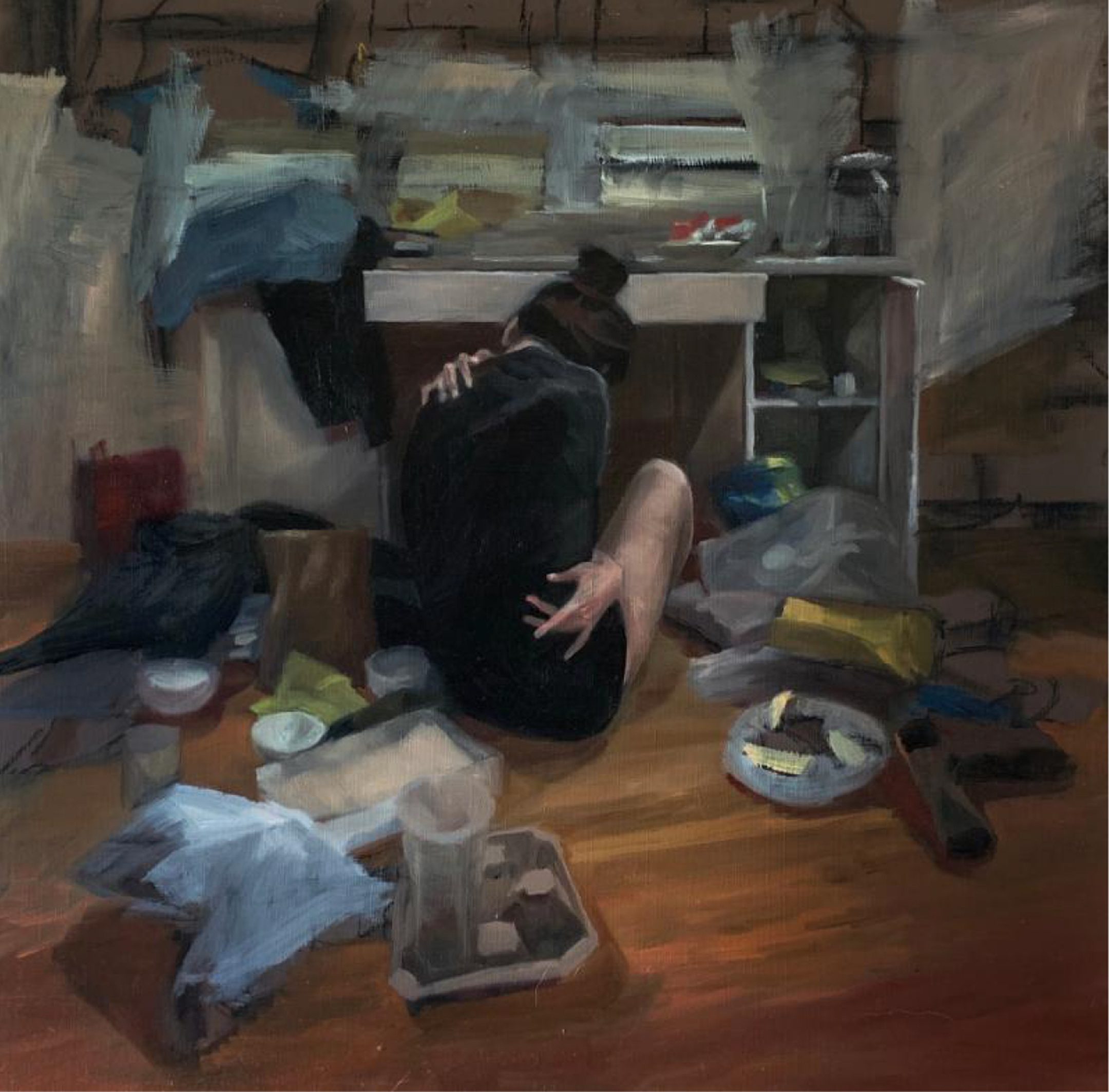 Illustration of a young woman crouched on the floor of a cluttered bedroom