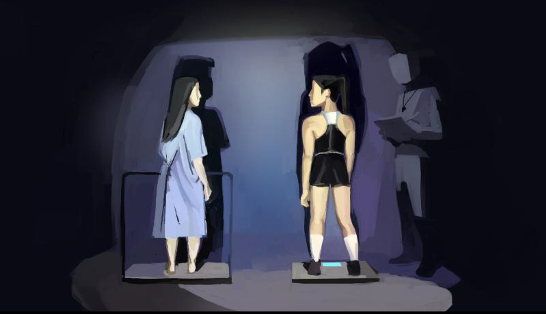 Illustration of two young women looking at each other while they stand on scales