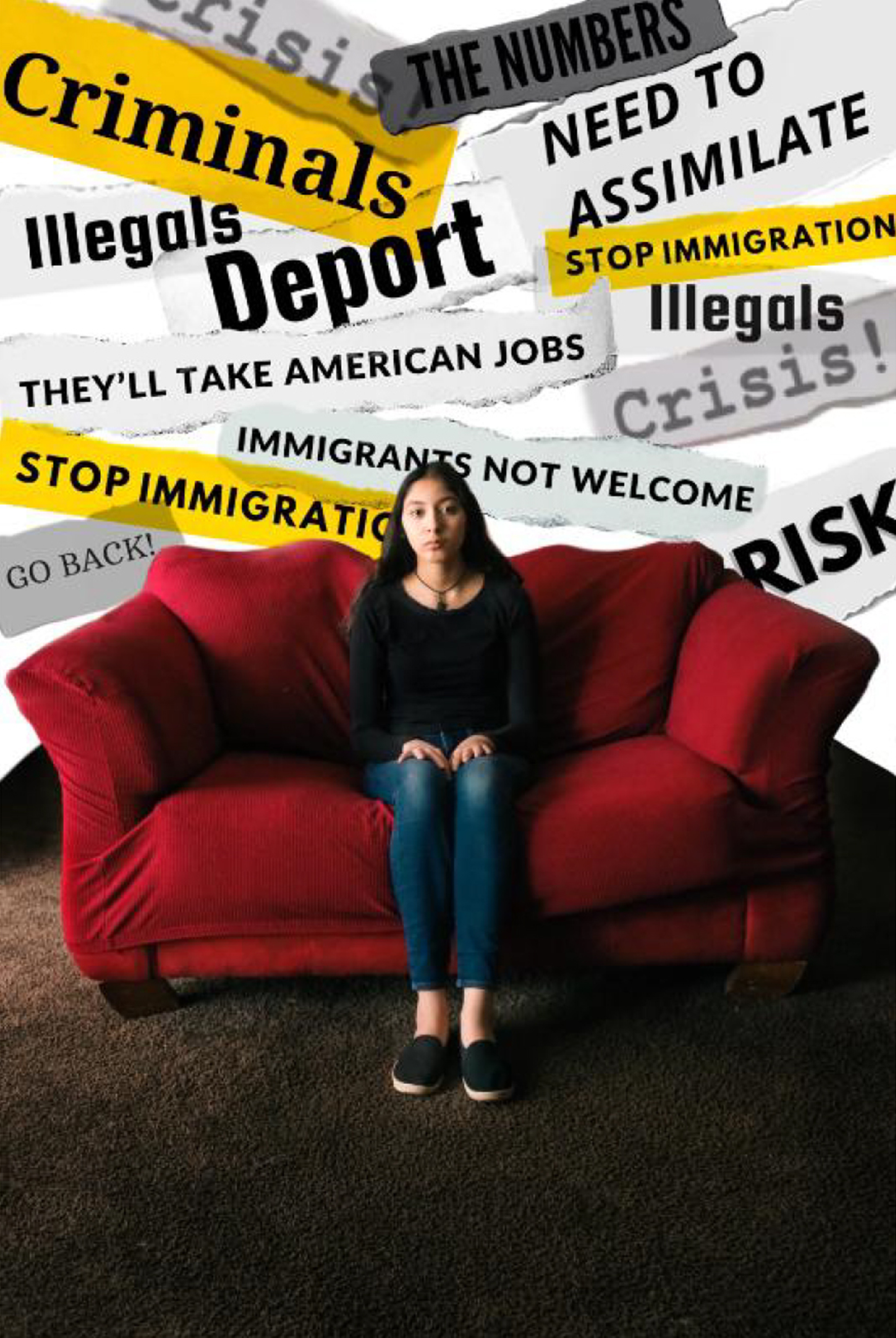 Photo collage of a young woman sitting on a red couch with words like criminals, deport, illegal, and need to assimilate rendered as overlapping headlines above her