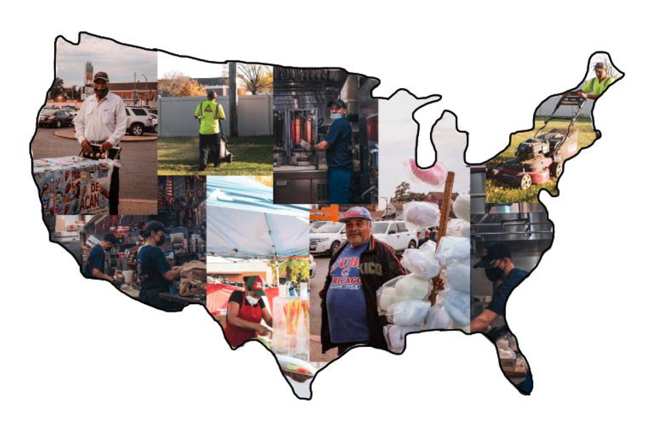 Photo collage of images of immigrants placed into the outline of the United States map