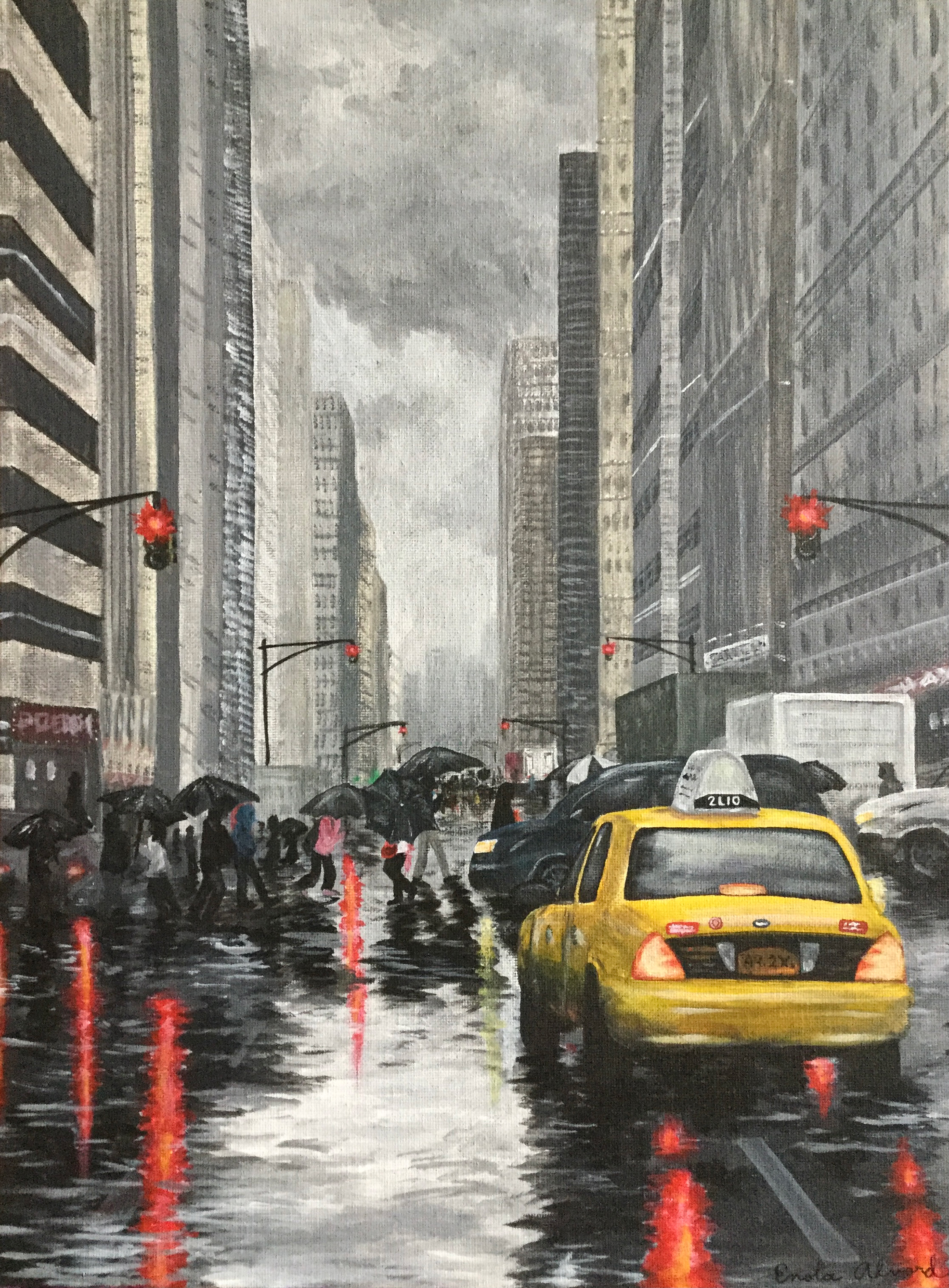 Painting of a rainy New York City street scene