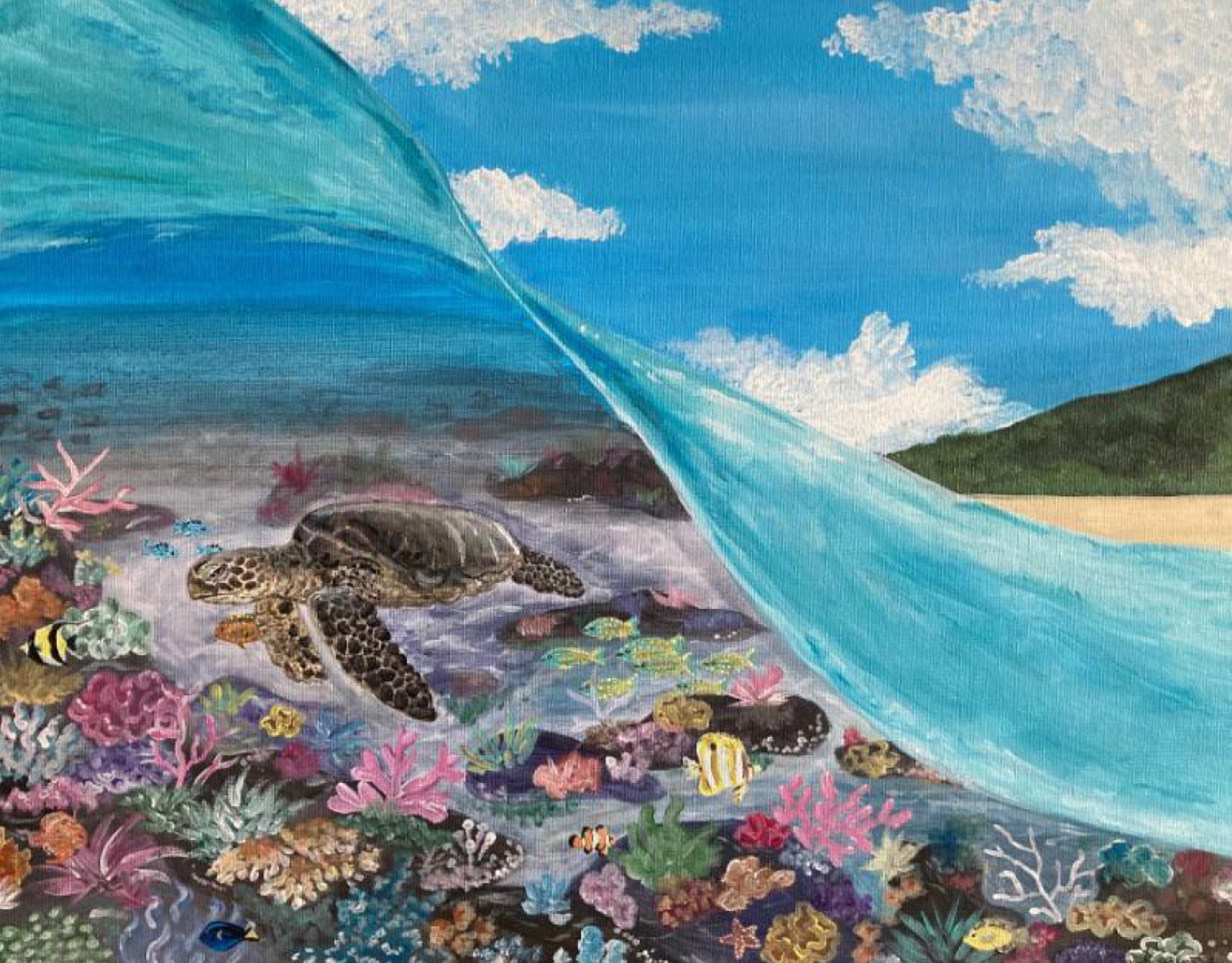 Painting of a turtle swimming in a coral reef