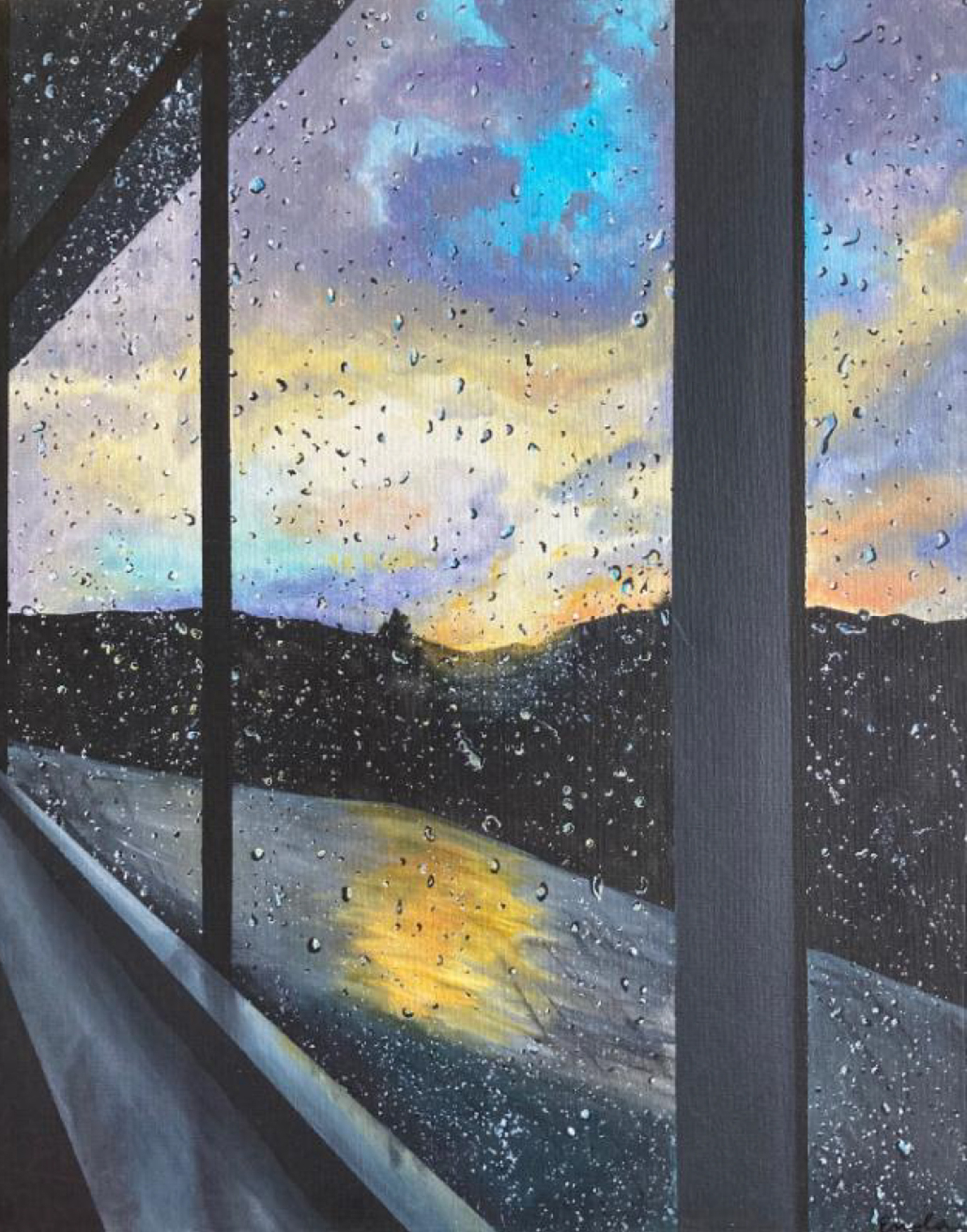 Painting of a rainy window with a sunset outside