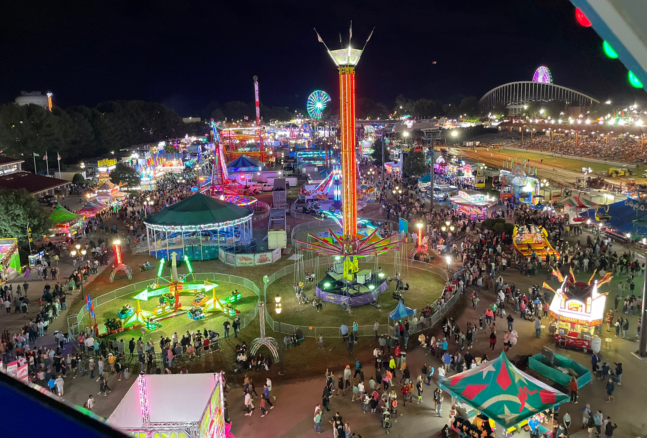 Aerial view of a state fair at night