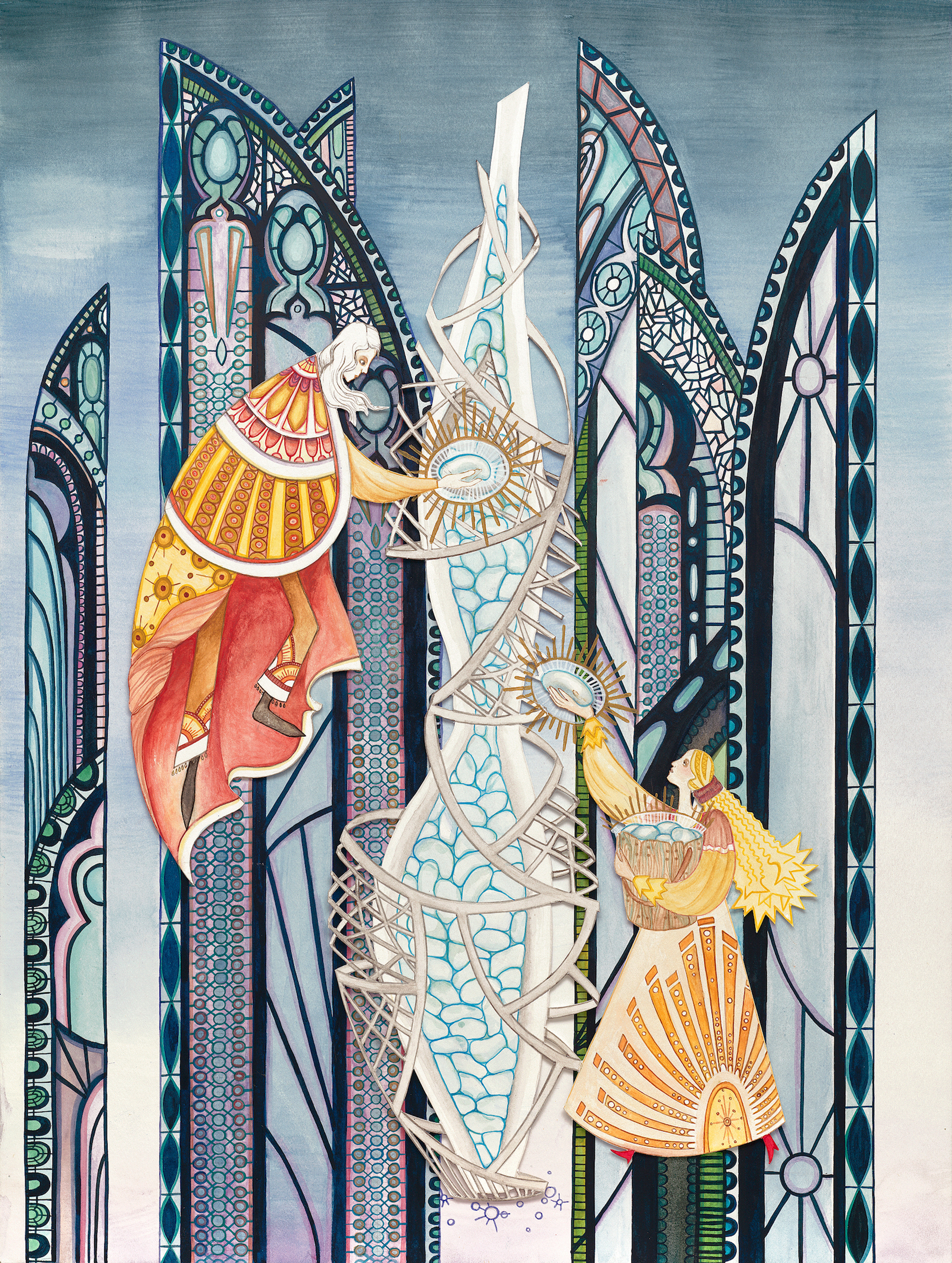Illustration resembling stained glass depicting two young women harvesting stars