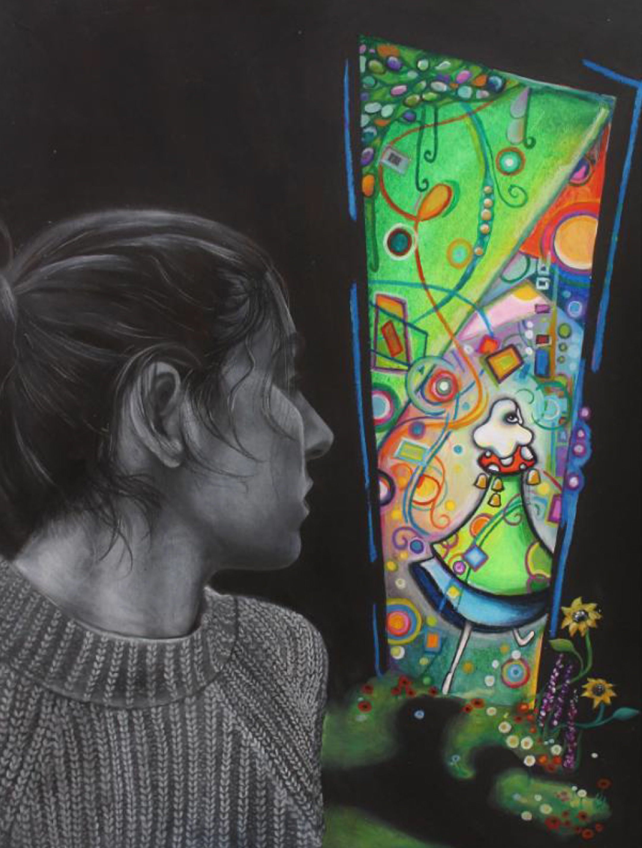 Painting of a young woman, in black and white, looking at a window of color and abstract shapes