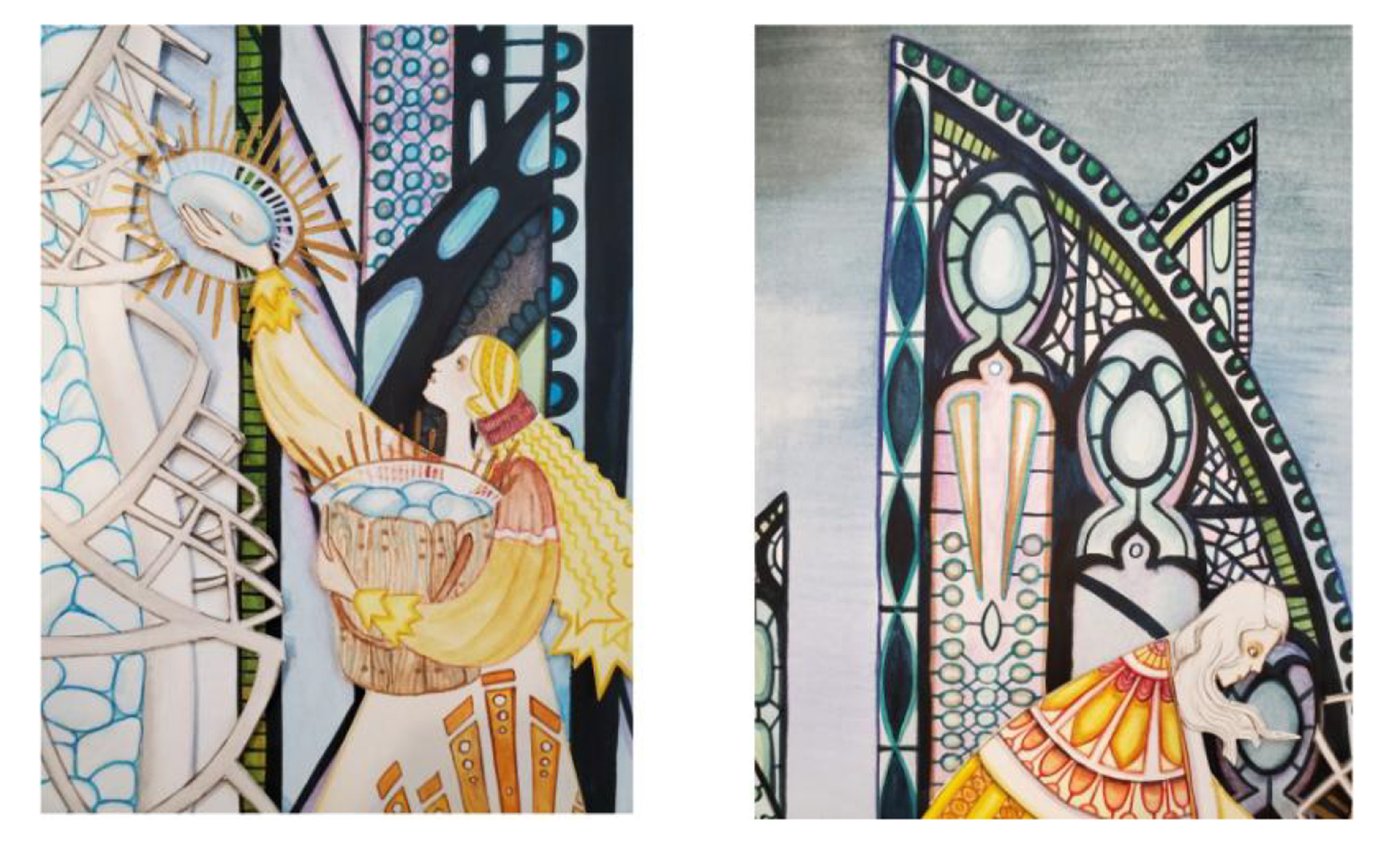 Two process drawings of the stained-glass-like illustration