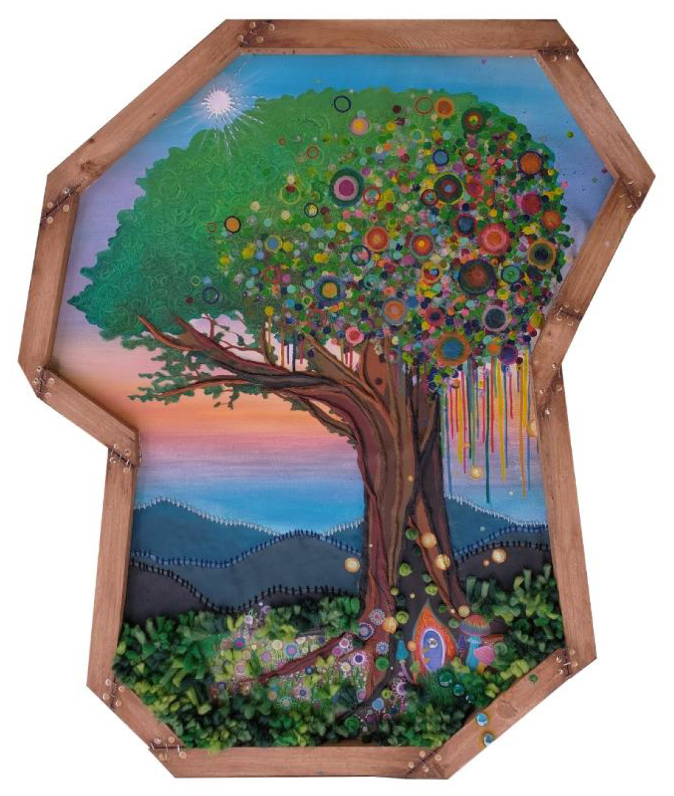 Painting of a tree with circles in various colors in an abstract frame