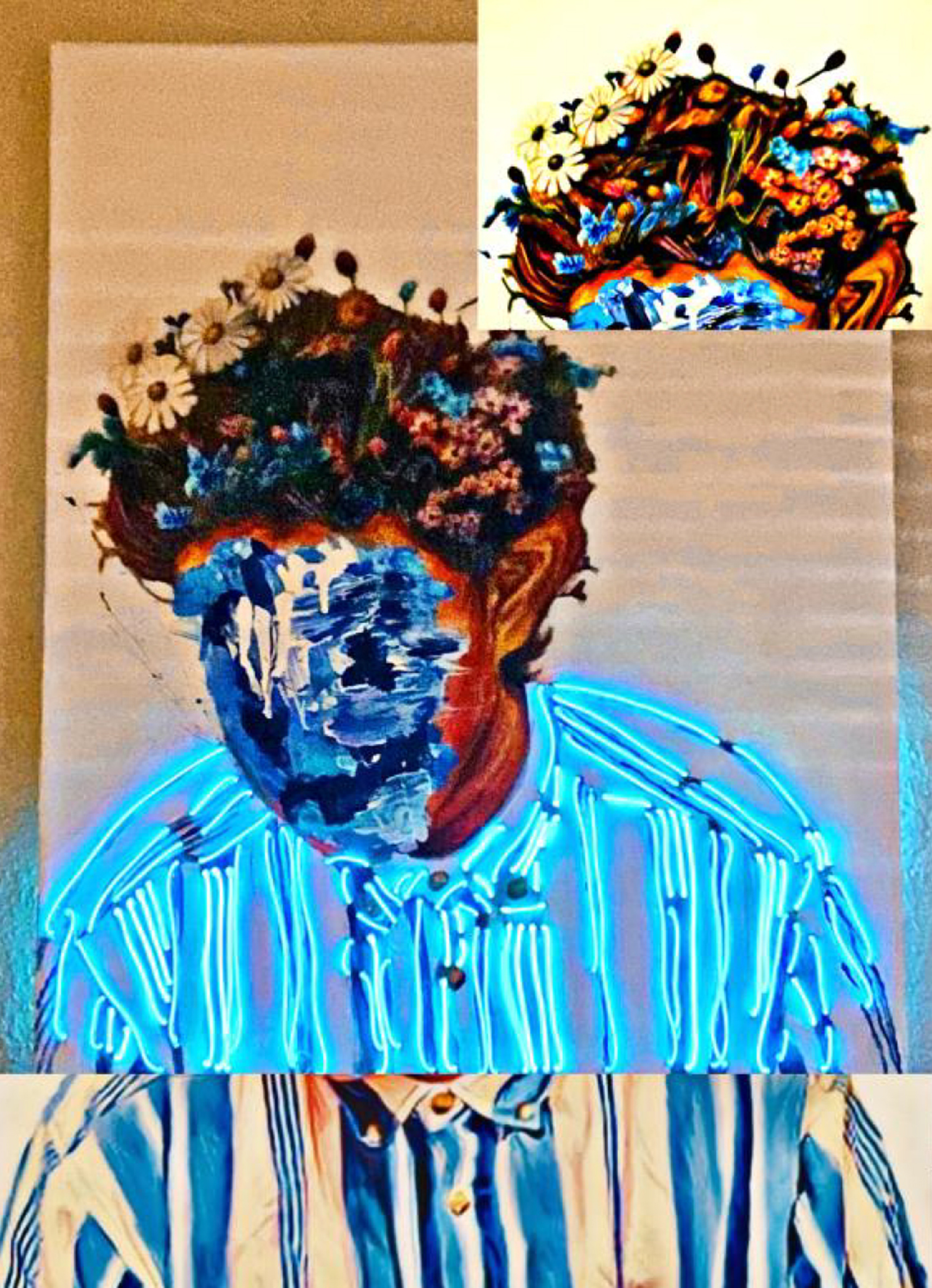 Painting of a young person in an electric blue shirt with their face obscured with blue and black paint
