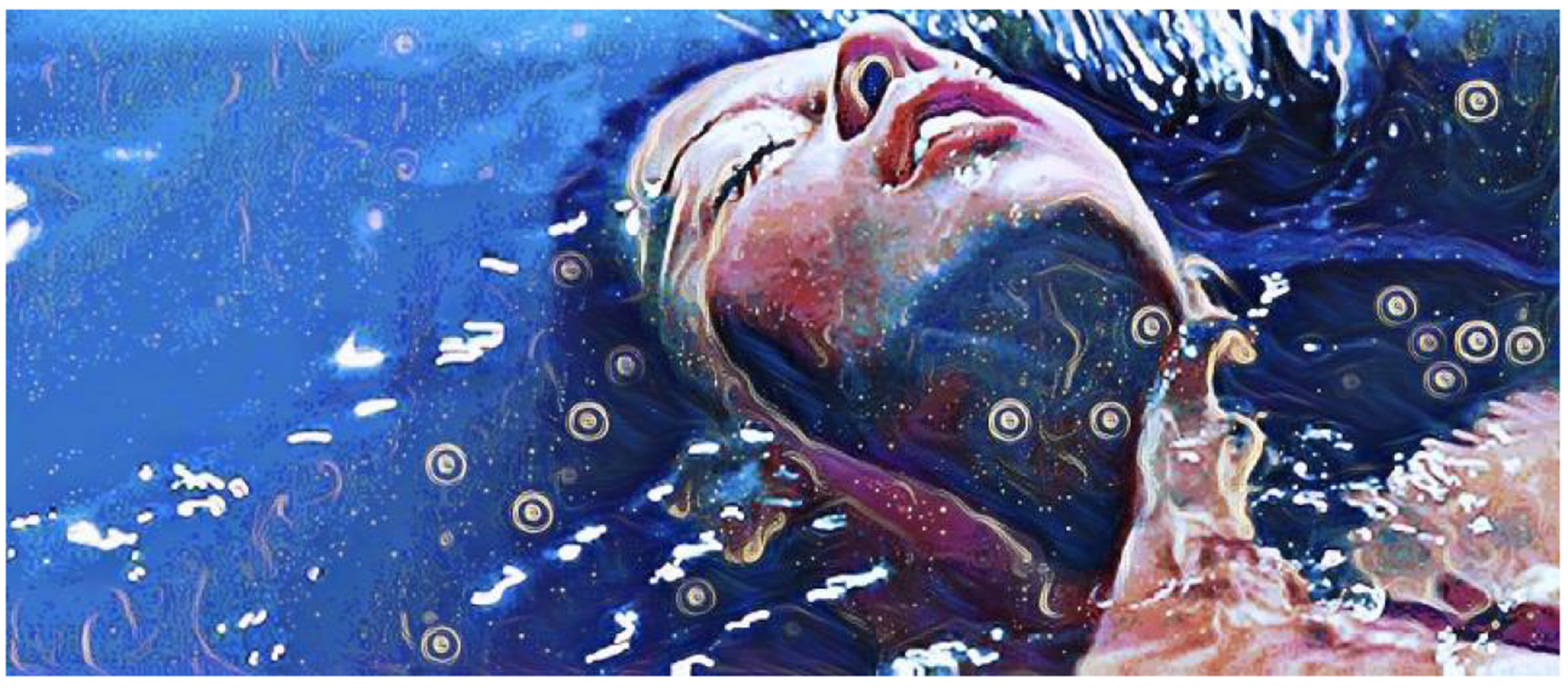 Painting of a young woman floating face up in water with her eyes closed
