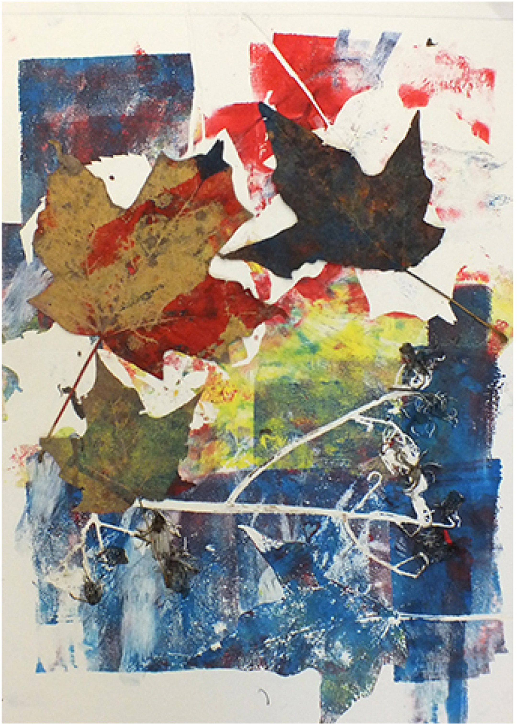 Collage of colors and leaf shapes in blue, red, and yellow 