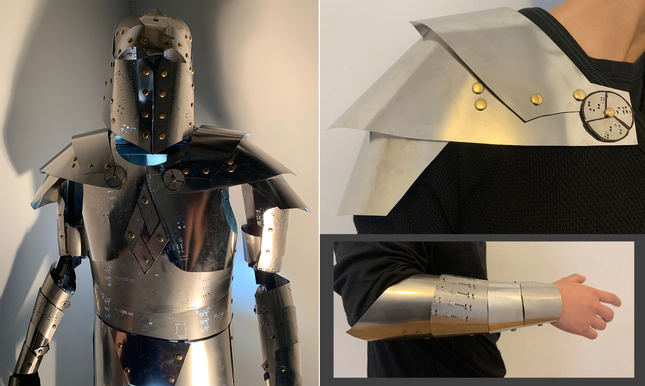 A suit of silver armor, seen from the waist up, alongside photos of someone wearing the shoulder plating and arm plating