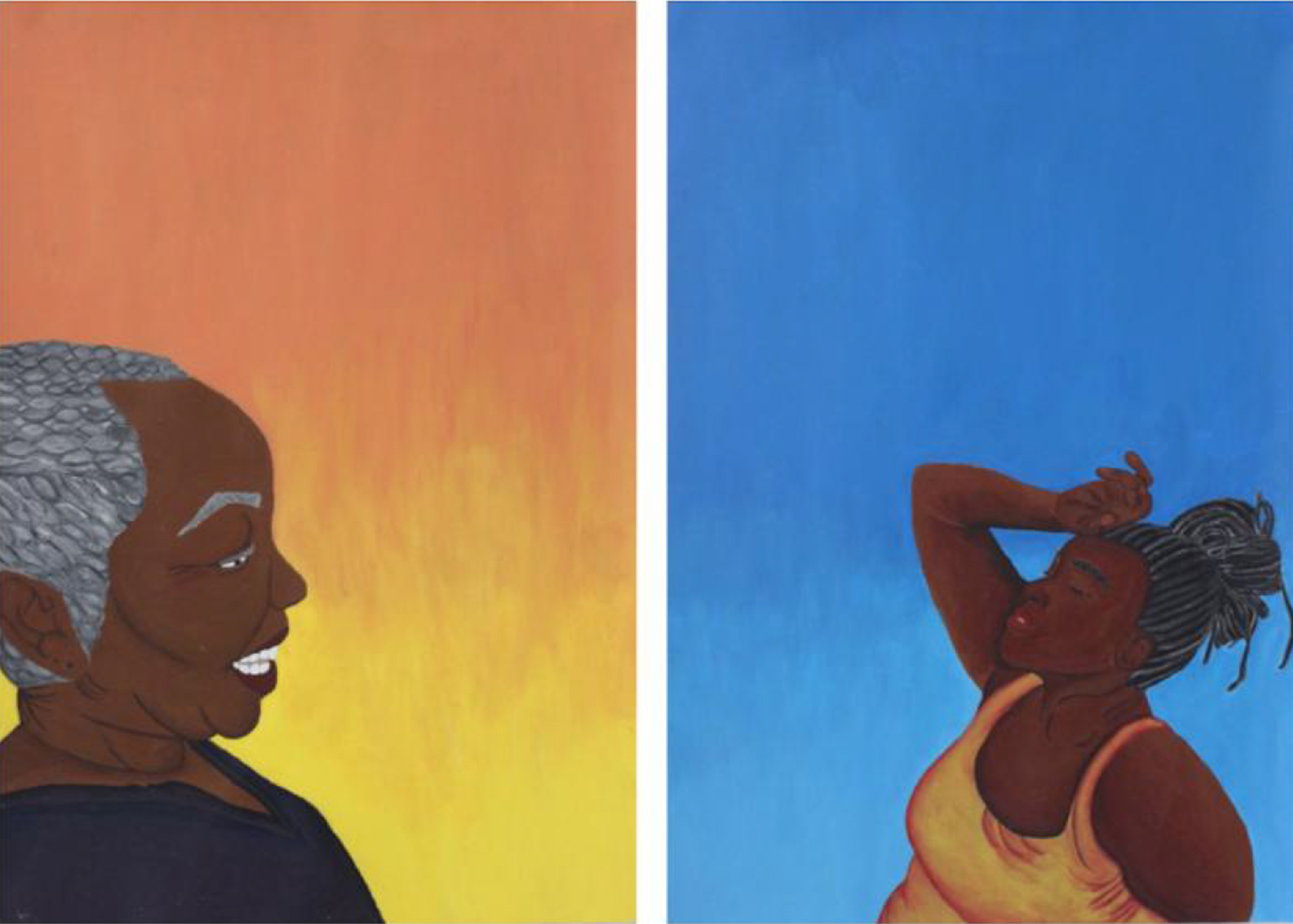 Painting of an old woman against a burnt orange background, on left, looking at a young woman against a blue background with a white bar between them