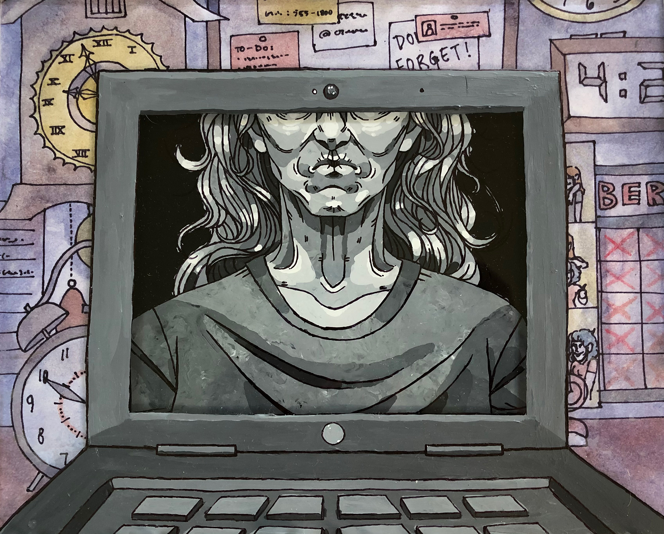 Black and illustration of a woman seen from the bottom of her eyes to her mid-chest, set into a gray laptop screen against a background of lilac clocks and calendars