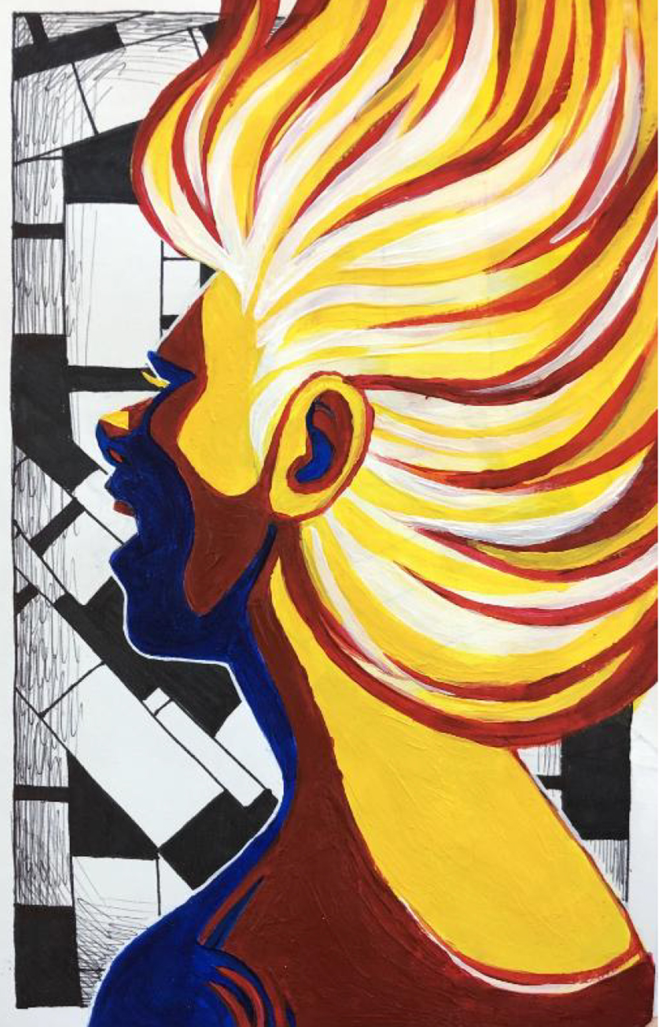 Painting of a woman from the shoulders up, looking to the left, in yellows and red against a black and white blocky background