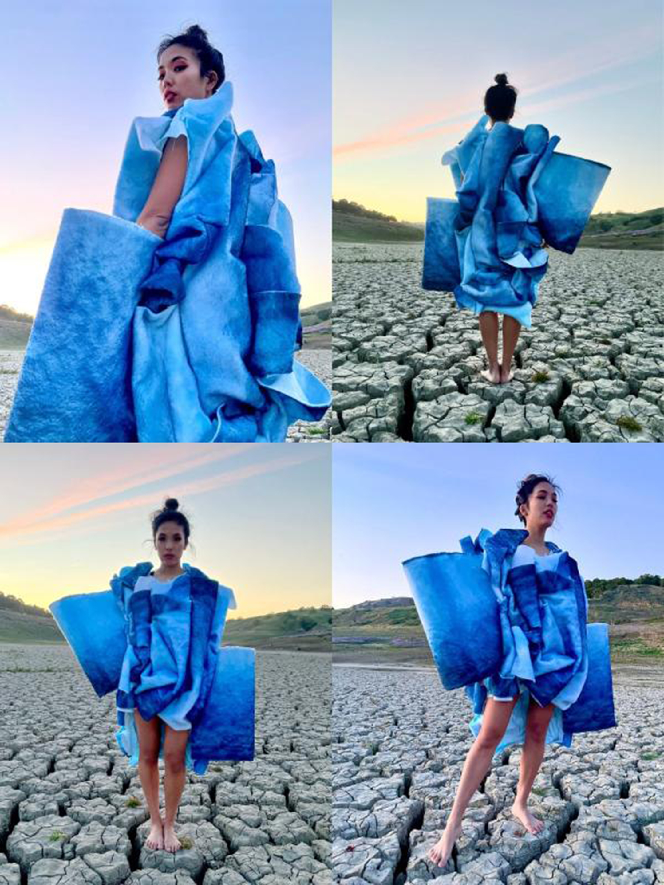 Grid of four images of woman in blue costume seen in different poses