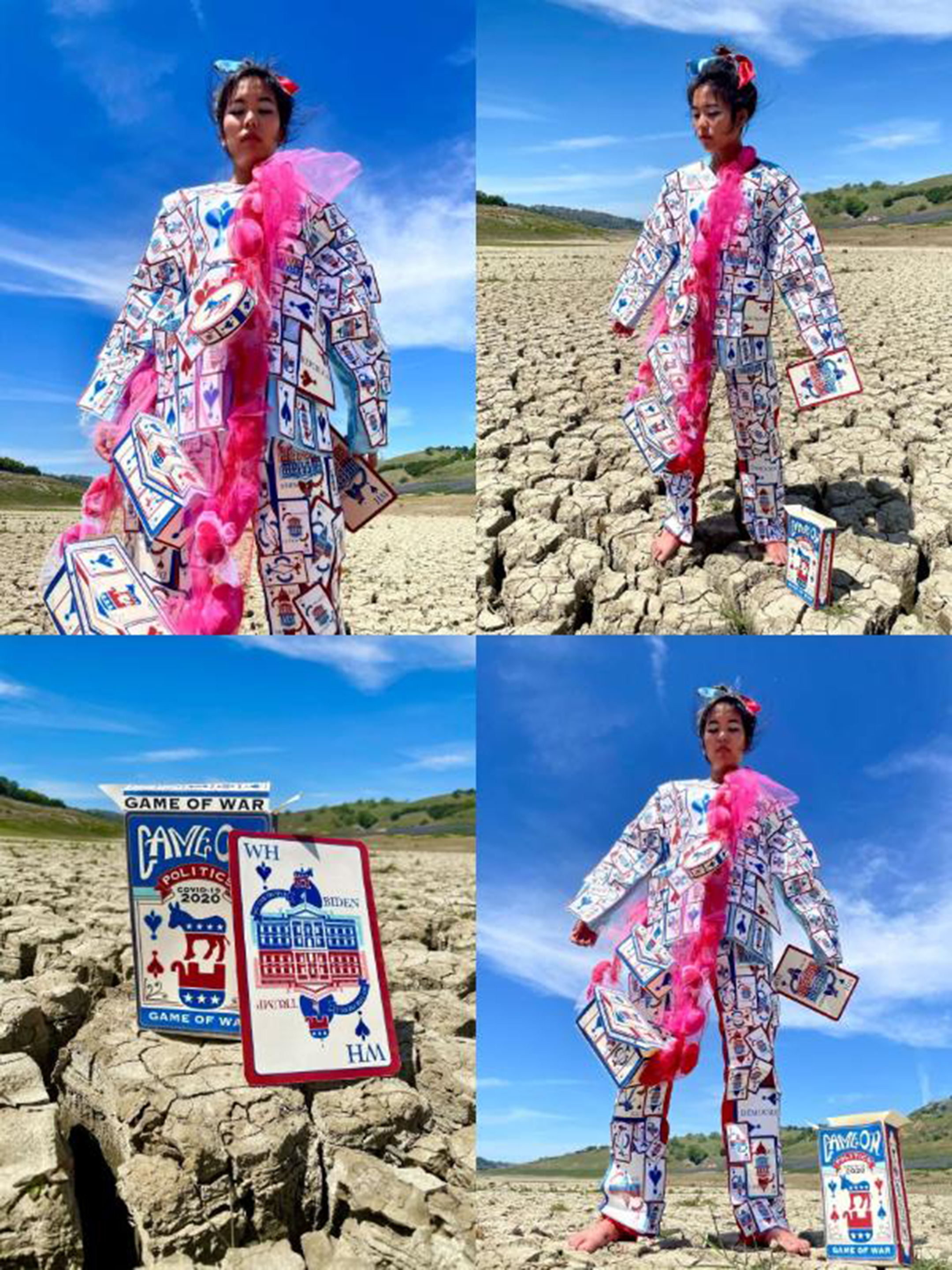 Grid of four images showing a woman in a costume made of political playing cards