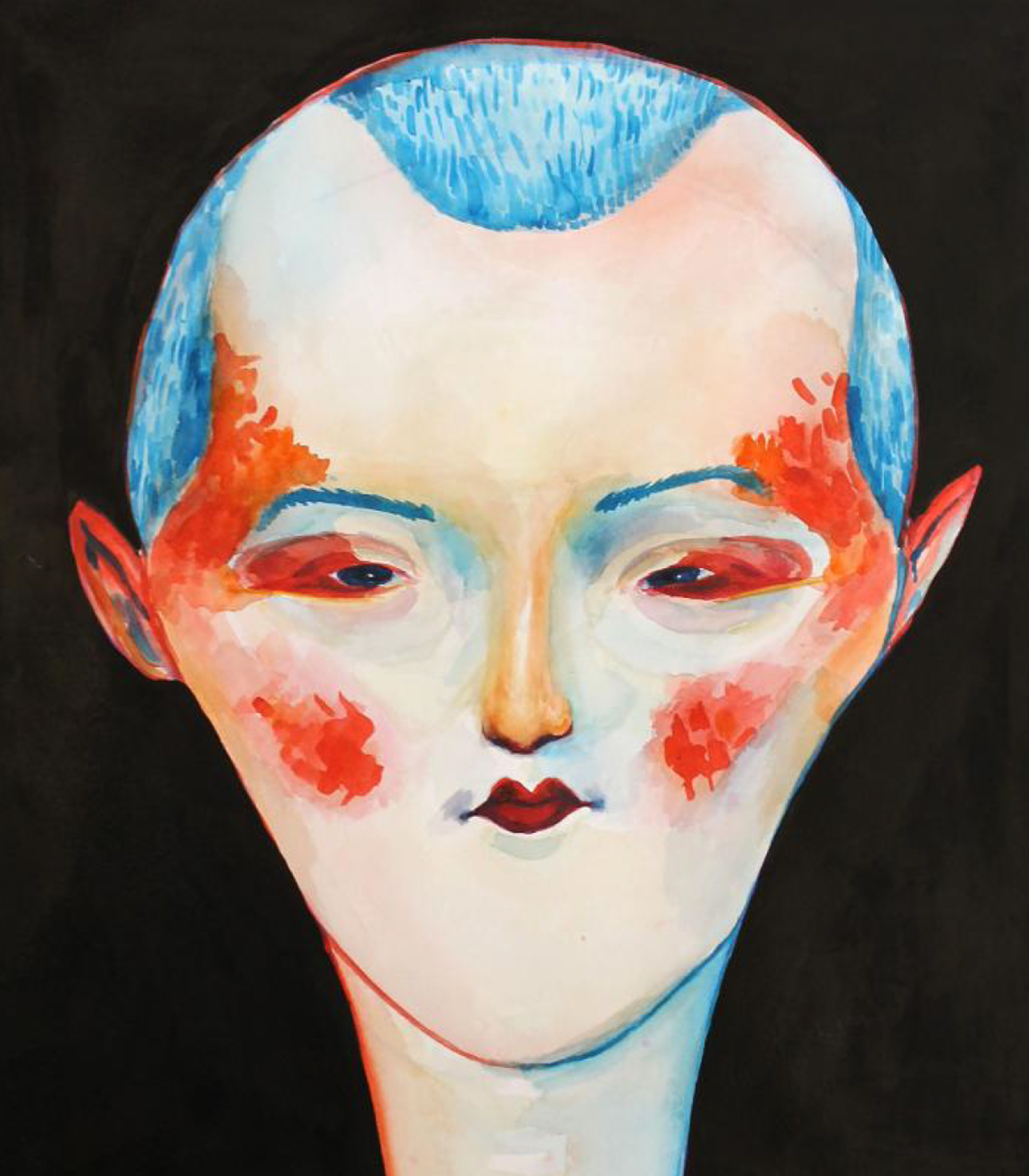Drawing of a face with splotches of orange and blue hair