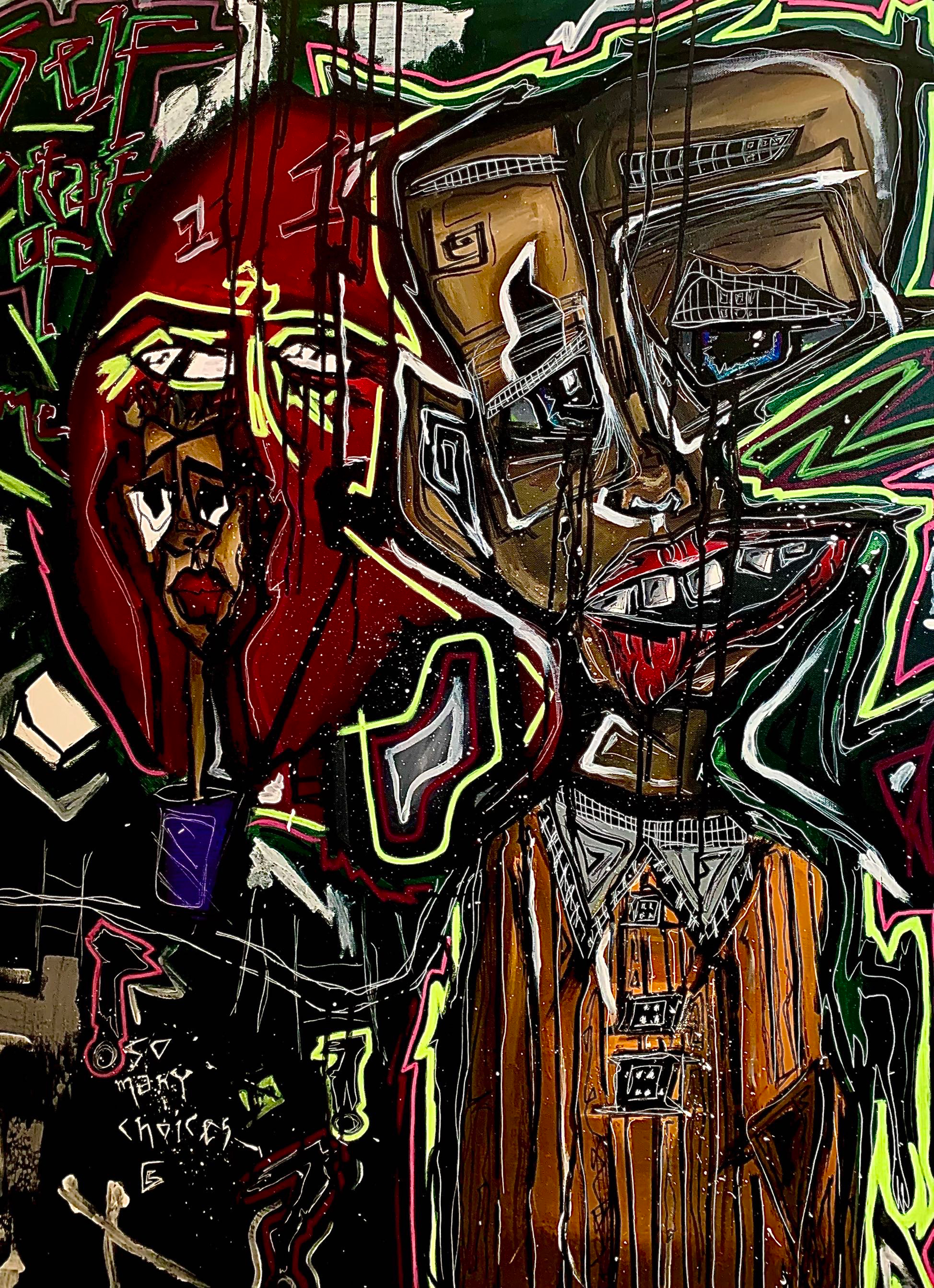 Abstract painting in dark greens, reds, and muted colors depicting two people in weird monstrous forms