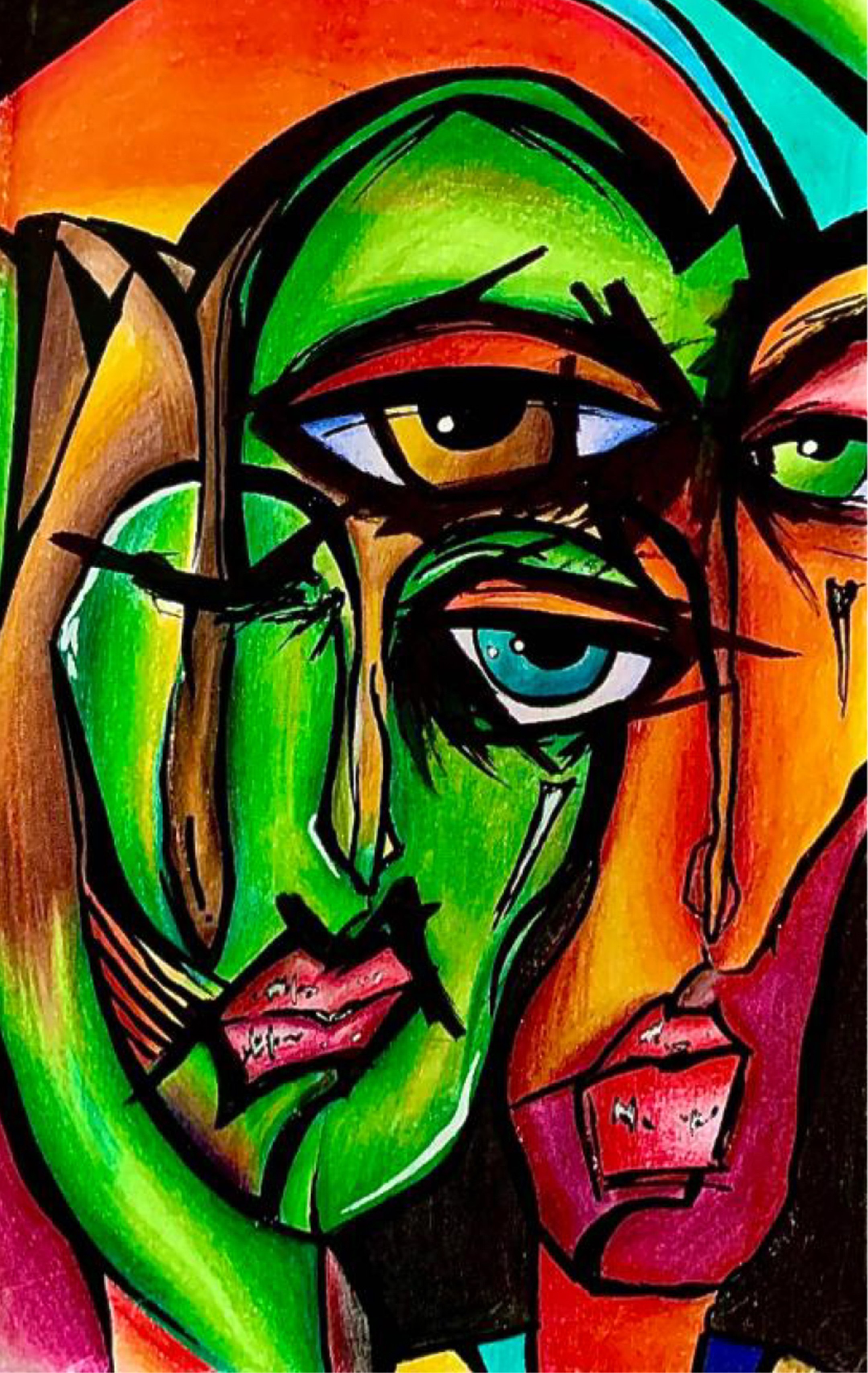 Abstract painting of two faces merging in neon green and orange