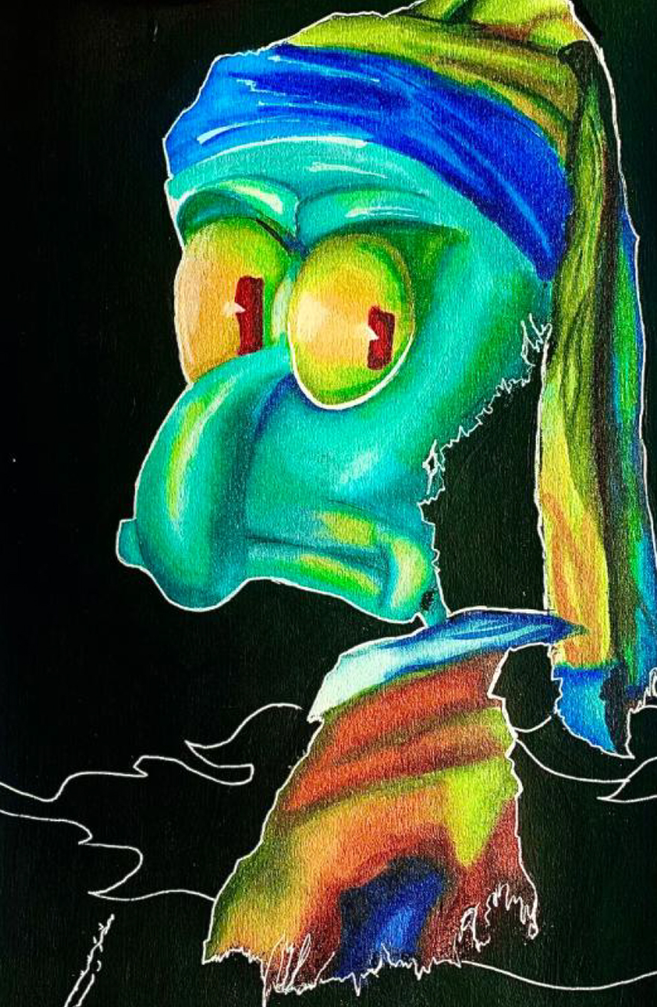 Painting depicting Squidward from Spongebob Squarepants as the Girl with the Pearl Earring