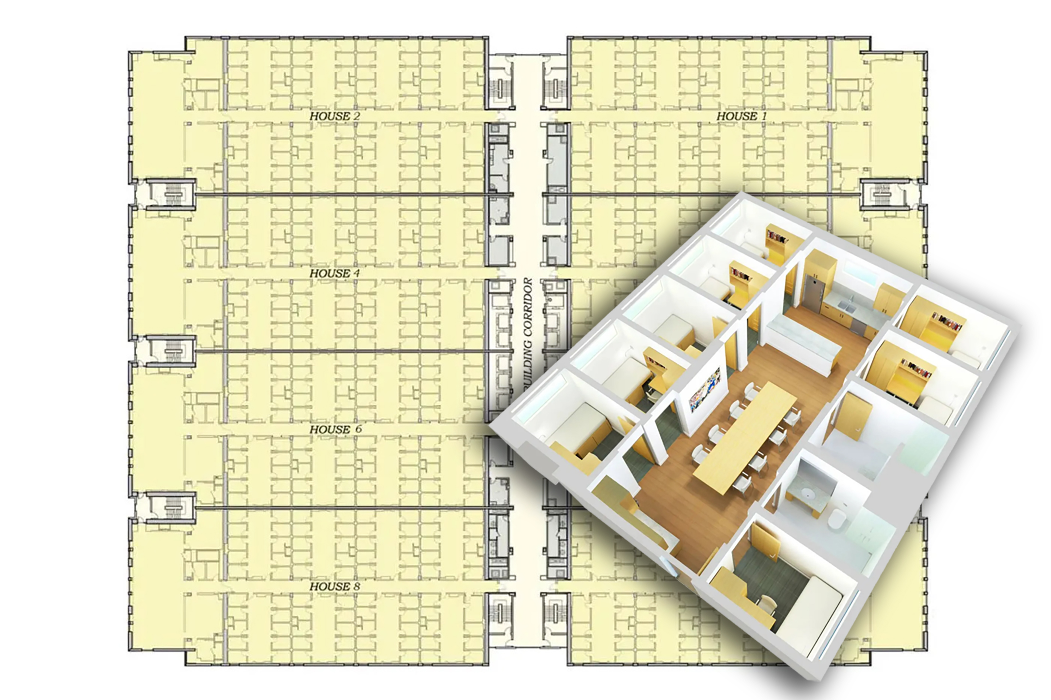 Diagram of a floor of dorm rooms, in yellow, with a rendering of a pod of rooms inset on the bottom right